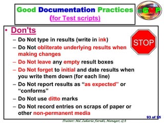 • Don'ts
– Do Not type in results (write in ink)
– Do Not obliterate underlying results when
making changes
– Do Not leave any empty result boxes
– Do Not forget to initial and date results when
you write them down (for each line)
– Do Not report results as ―as expected‖ or
―conforms‖
– Do Not use ditto marks
– Do Not record entries on scraps of paper or
other non-permanent media
93 of 95
Trainer: Md. Zakaria Faruki, Manager, QA
cGMP
Good Documentation Practices
(for Test scripts)
 