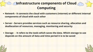 Network - It connects the cloud with customers (internet) or different internal
components of cloud with each other
Infrastructure components of Cloud
Computing
Server - Servers provides services such as resource sharing, allocation and
deallocation of resources, managing, monitoring and security
Storage - It refers to the tools which saves the data. Which storage to use
depends on the amount of data and time period it is to be saved
 