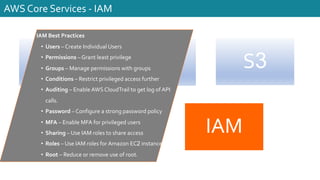 EC2 VPC S3
IAM
RDS
AWS Core Services - IAM
IAM Best Practices
• Users – Create Individual Users
• Permissions – Grant least privilege
• Groups – Manage permissions with groups
• Conditions – Restrict privileged access further
• Auditing – Enable AWS CloudTrail to get log of API
calls.
• Password – Configure a strong password policy
• MFA – Enable MFA for privileged users
• Sharing – Use IAM roles to share access
• Roles – Use IAM roles for Amazon EC2 instances
• Root – Reduce or remove use of root.
 