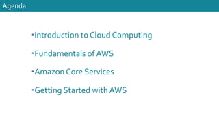 Agenda
–Introduction to Cloud Computing
–Fundamentals of AWS
–Amazon Core Services
–Getting Started with AWS
 