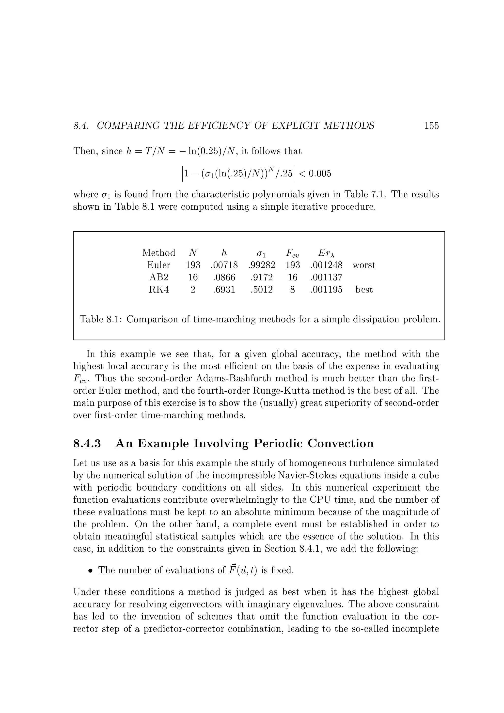 8.4. COMPARING THE EFFICIENCY OF EXPLICIT METHODS

155

Then, since h = T=N = ; ln(0:25)=N , it follows that
1 ; ( 1 (ln(:25)=N ))N =:25  0:005
where 1 is found from the characteristic polynomials given in Table 7.1. The results
shown in Table 8.1 were computed using a simple iterative procedure.
Method N
h
Fev Er
1
Euler 193 :00718 :99282 193 :001248 worst
AB2 16 :0866 :9172 16 :001137
RK4
2 :6931 :5012 8 :001195 best
Table 8.1: Comparison of time-marching methods for a simple dissipation problem.
In this example we see that, for a given global accuracy, the method with the
highest local accuracy is the most e cient on the basis of the expense in evaluating
Fev . Thus the second-order Adams-Bashforth method is much better than the rstorder Euler method, and the fourth-order Runge-Kutta method is the best of all. The
main purpose of this exercise is to show the (usually) great superiority of second-order
over rst-order time-marching methods.

8.4.3 An Example Involving Periodic Convection

Let us use as a basis for this example the study of homogeneous turbulence simulated
by the numerical solution of the incompressible Navier-Stokes equations inside a cube
with periodic boundary conditions on all sides. In this numerical experiment the
function evaluations contribute overwhelmingly to the CPU time, and the number of
these evaluations must be kept to an absolute minimum because of the magnitude of
the problem. On the other hand, a complete event must be established in order to
obtain meaningful statistical samples which are the essence of the solution. In this
case, in addition to the constraints given in Section 8.4.1, we add the following:

~u
The number of evaluations of F (~ t) is xed.
Under these conditions a method is judged as best when it has the highest global
accuracy for resolving eigenvectors with imaginary eigenvalues. The above constraint
has led to the invention of schemes that omit the function evaluation in the corrector step of a predictor-corrector combination, leading to the so-called incomplete

 