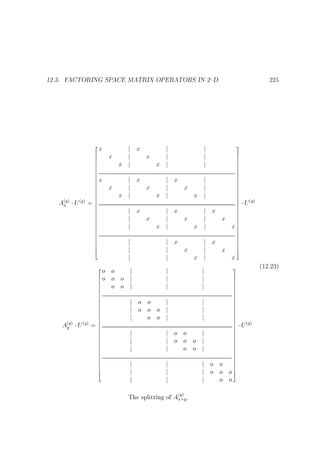 12.3. FACTORING SPACE MATRIX OPERATORS IN 2{D

Axy

( )

2
x
6
6
6
6
6
6
6
6x
6
6
6
6
6
6
U (y) = 6
6
6
6
6
6
6
6
6
6
6
6
6
6
6
4

j x
j
x
j
x
j
x j
x j

j x
j x
j
x
j
x
j
x
j
x j
x j
x j
j x
j x
j x
j
x
j
x
j
x
j
x j
x j

j
j
j
2
o o
j
6o o o j
6
6
o o j
6
6

Ayy

( )

6
6
6
6
6
6
6
6
6
(y )
U =6
6
6
6
6
6
6
6
6
6
6
6
6
6
6
4

j
j
j

225

3
7
7
7
7
7
7
7
7
7
7
7
7
7
7
7
7
7
7
7
7
7
7
x7
7
7
7
7
7
7
5

Uy

( )

j x
j x
j
x
j
x
j
x j
x
3
j
j
7
j
j
7
7
j
j
7
7

j o o
j
j o o o j
j
o o j

j
j
j

j
j
j

j o o
j
j o o o j
j
o o j

j
j
j

j
j
j

7
7
7
7
7
7
7
7
7
7
7
7
7
7
7
7
7
7
7
7
7
7
7
7
o5

j o o
j o o
j
o o

The splitting of Axy y .
( )
+

(12.23)

Uy

( )

 