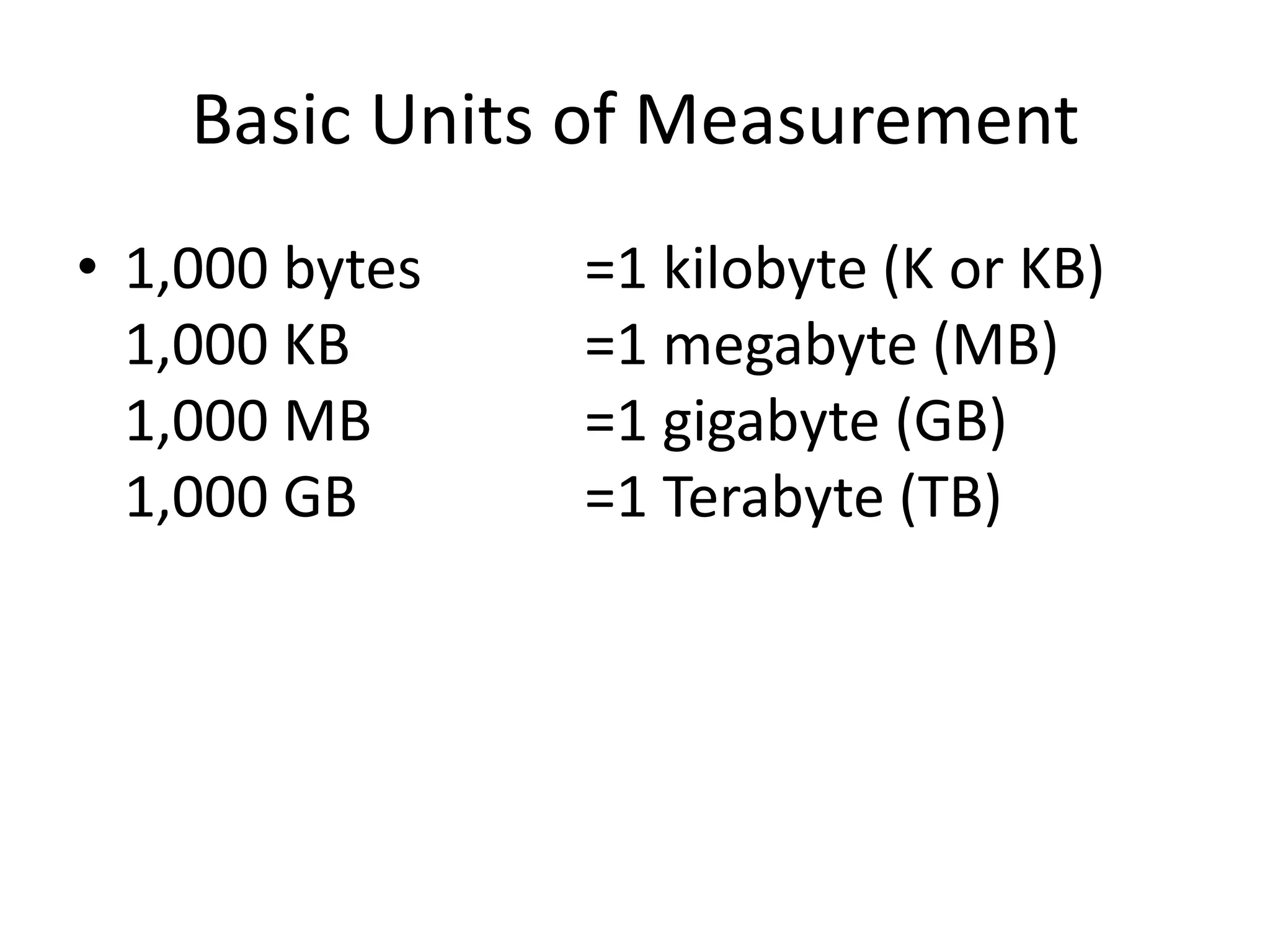 Basic Units of Measurement
• 1,000 bytes =1 kilobyte (K or KB)
1,000 KB =1 megabyte (MB)
1,000 MB =1 gigabyte (GB)
1,000 GB =1 Terabyte (TB)
 