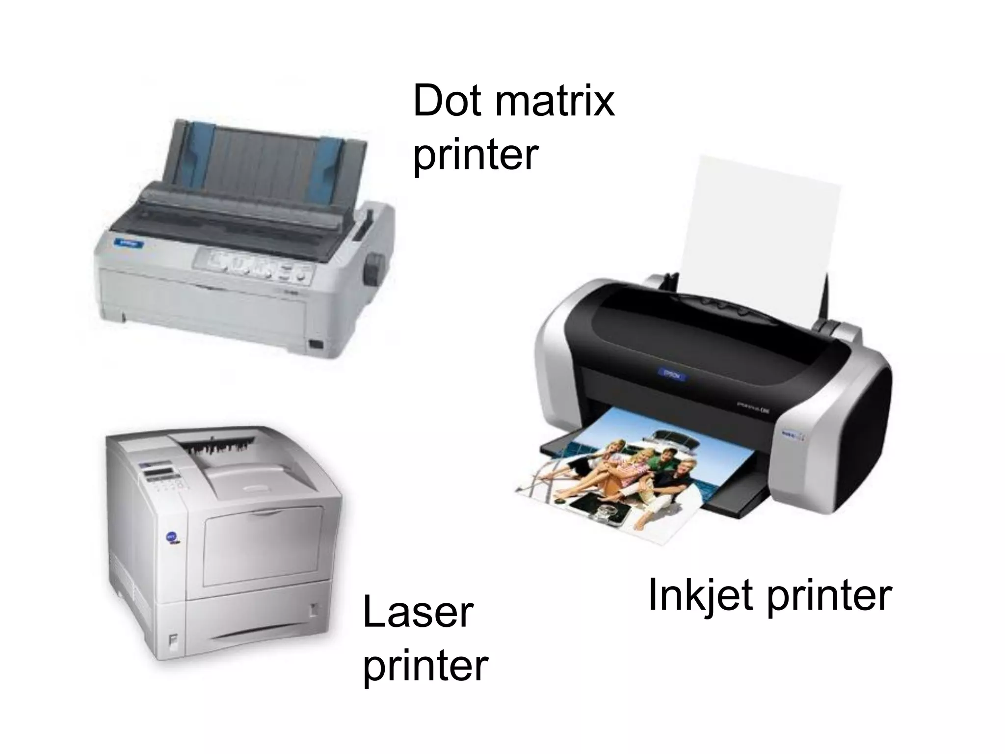 Dot matrix
printer
Inkjet printerLaser
printer
 