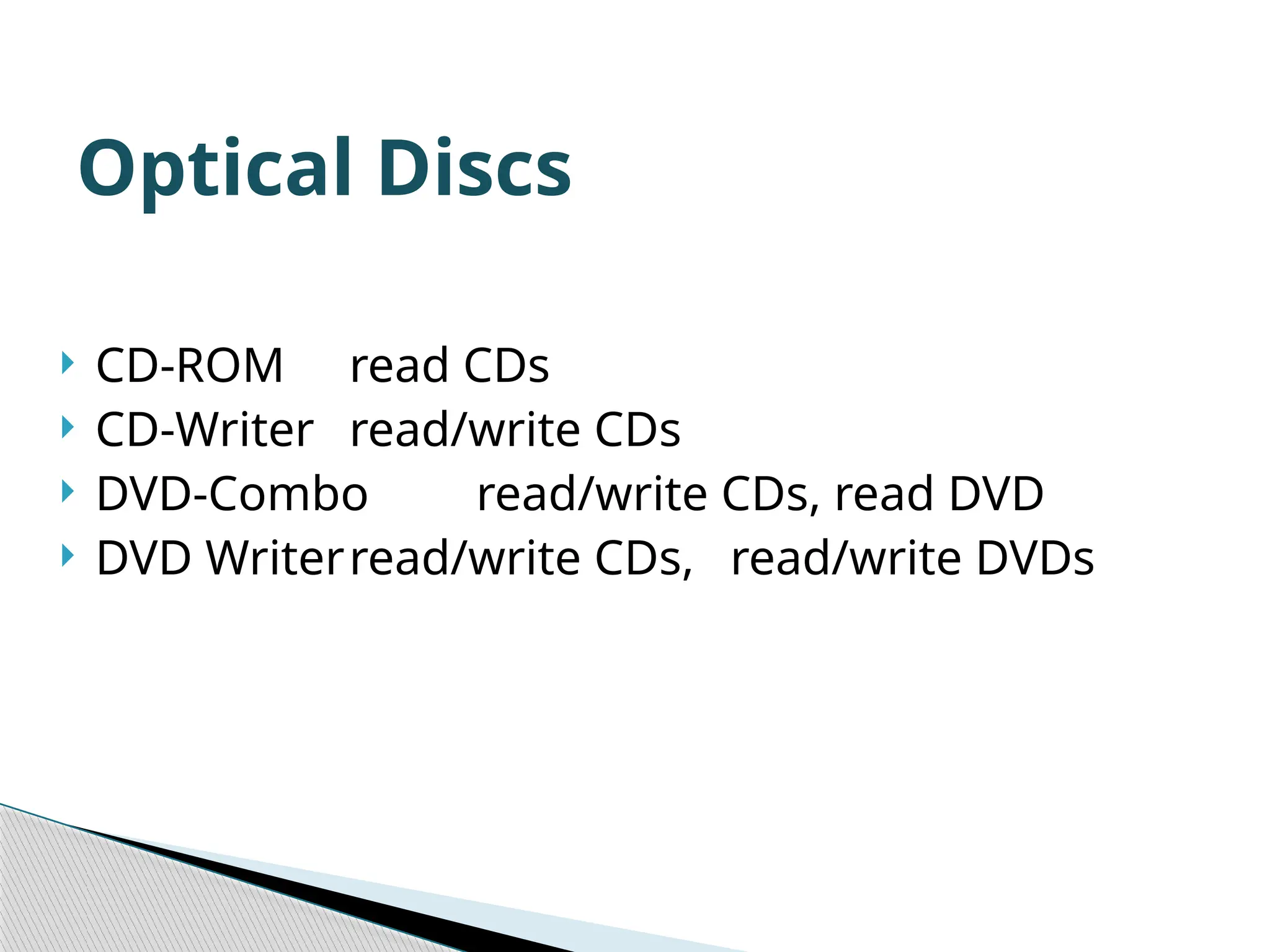  CD-ROM read CDs  CD-Writer read/write CDs  DVD-Combo read/write CDs, read DVD  DVD Writerread/write CDs, read/write DVDs Optical Discs 