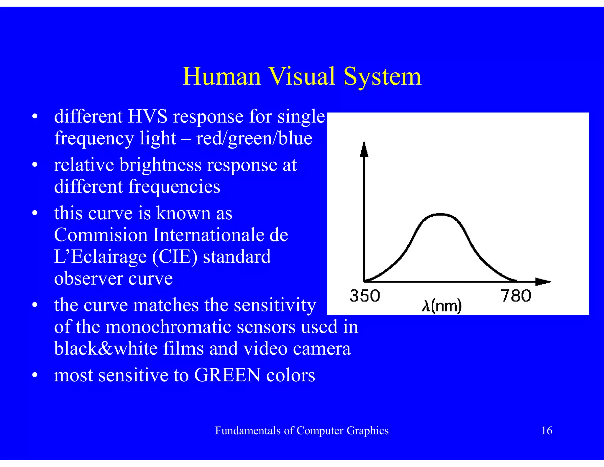 Fundamentals of Computer Graphics 16
Human Visual System
• different HVS response for single
frequency light – red/green/blue
• relative brightness response at
different frequencies
• this curve is known as
Commision Internationale de
L’Eclairage (CIE) standard
observer curve
• the curve matches the sensitivity
of the monochromatic sensors used in
black&white films and video camera
• most sensitive to GREEN colors
 