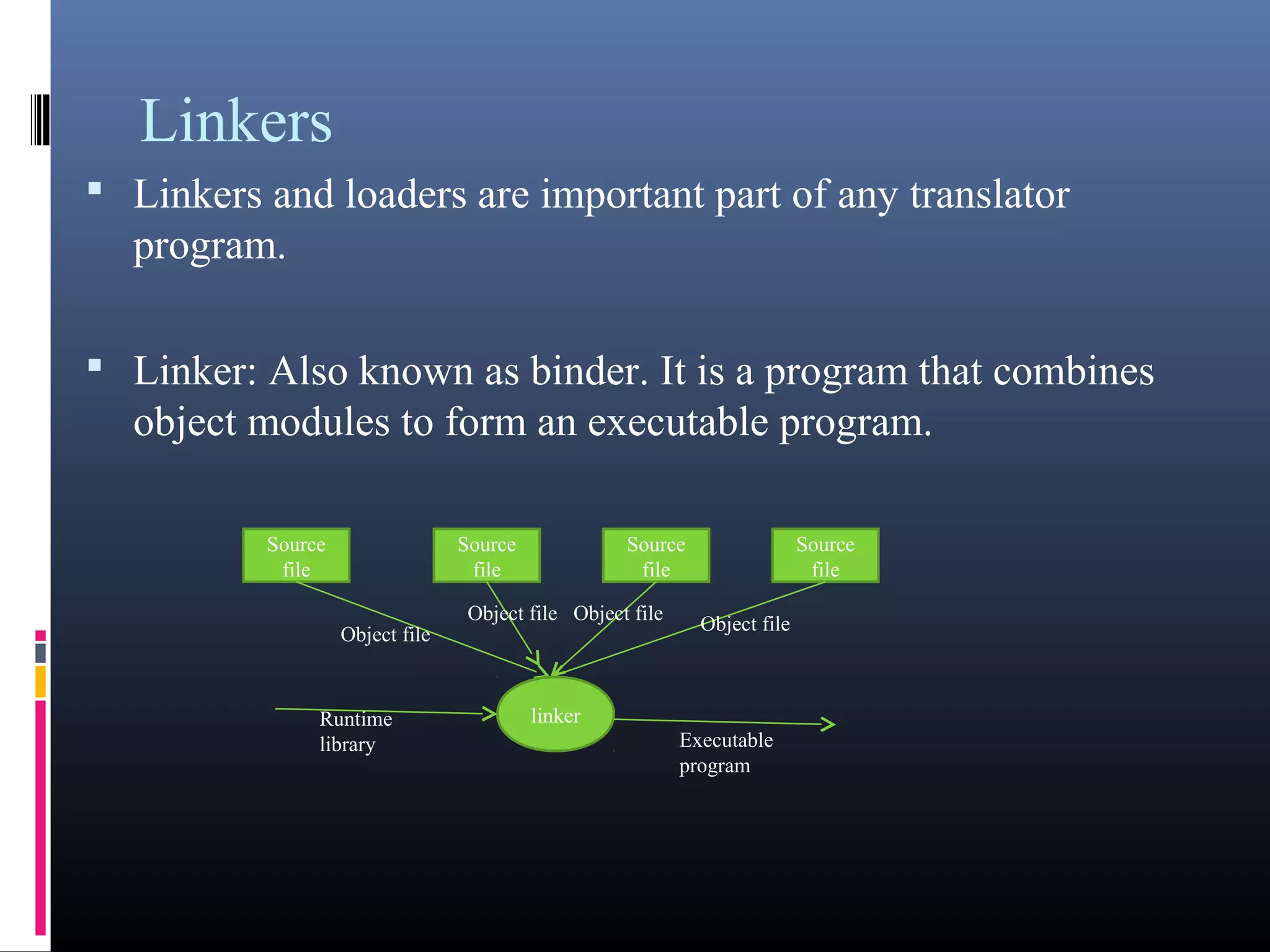 Linkers 
• Linkers and loaders are important part of any translator 
program. 
• Linker: Also known as binder. It is a program that combines 
object modules to form an executable program. 
Source 
file 
Source 
file 
Source 
file 
Source 
file 
Object file 
Object file Object file Object file 
Runtime linker 
library Executable 
program 
 