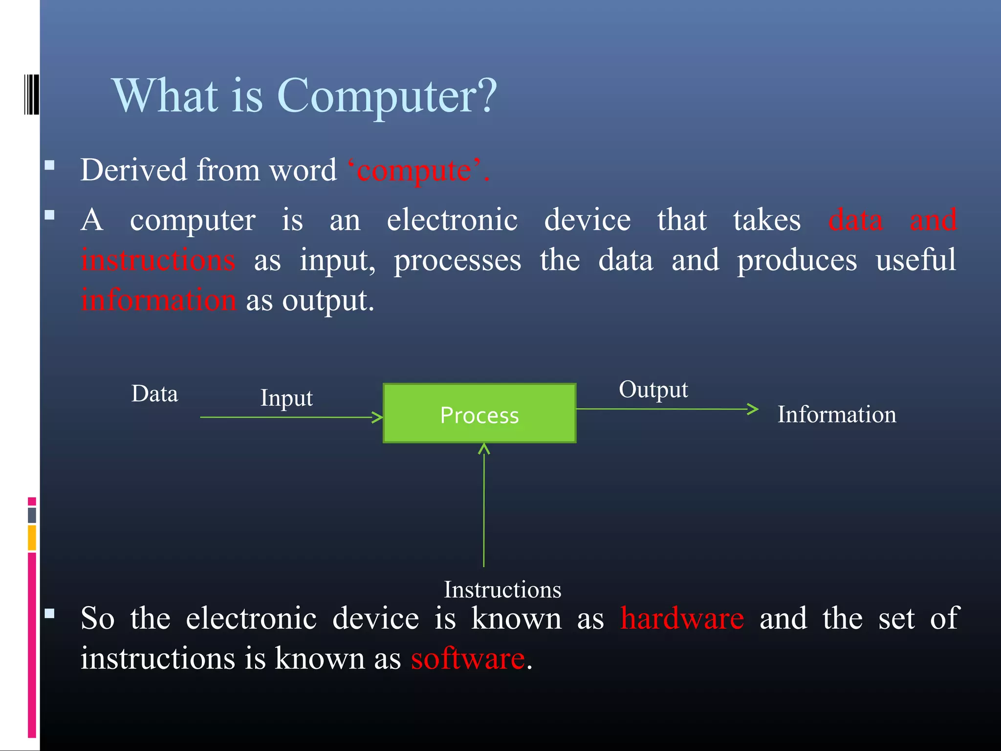 What is Computer? 
• Derived from word ‘compute’. 
• A computer is an electronic device that takes data and 
instructions as input, processes the data and produces useful 
information as output. 
Data 
Input Output 
Process 
Information 
• So the electronic device is known as hardware and the set of 
instructions is known as software. 
Instructions 
 