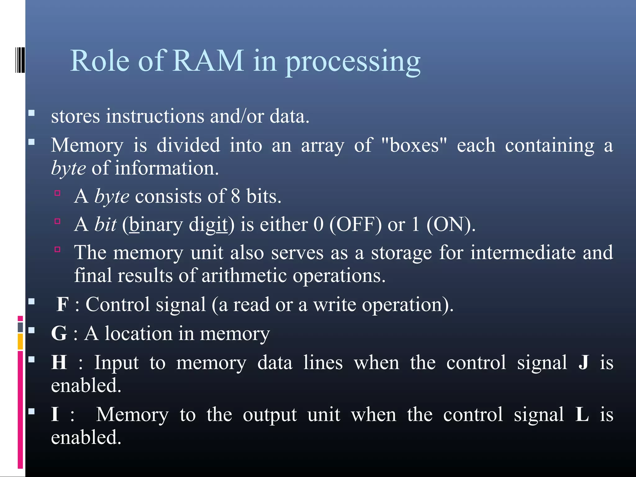 Role of RAM in processing 
 stores instructions and/or data. 
 Memory is divided into an array of "boxes" each containing a 
byte of information. 
 A byte consists of 8 bits. 
 A bit (binary digit) is either 0 (OFF) or 1 (ON). 
 The memory unit also serves as a storage for intermediate and 
final results of arithmetic operations. 
 F : Control signal (a read or a write operation). 
 G : A location in memory 
 H : Input to memory data lines when the control signal J is 
enabled. 
 I : Memory to the output unit when the control signal L is 
enabled. 
 