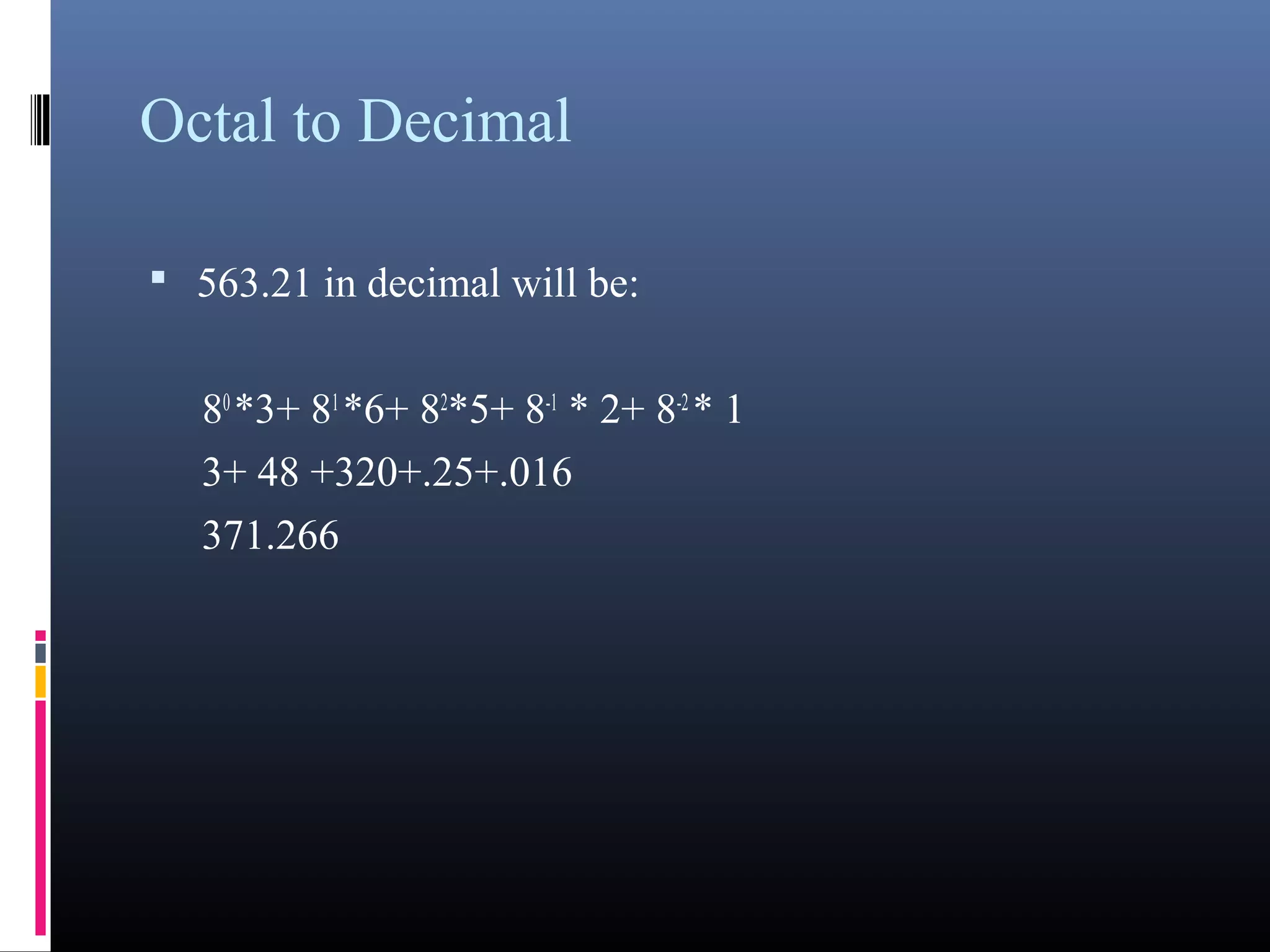 Octal to Decimal 
• 563.21 in decimal will be: 
80 *3+ 81 *6+ 82*5+ 8-1 * 2+ 8-2 * 1 
3+ 48 +320+.25+.016 
371.266 
 