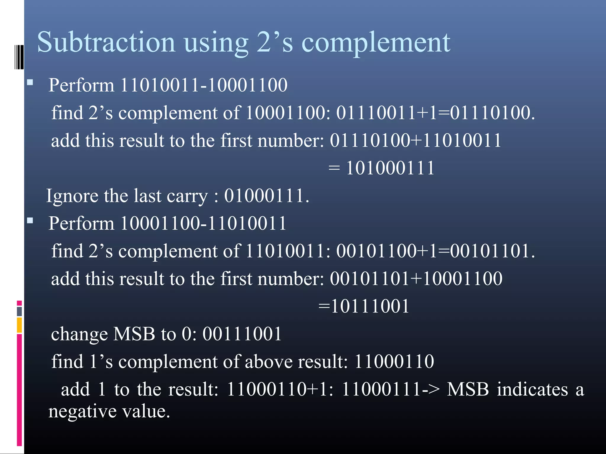 Subtraction using 2’s complement 
 Perform 11010011-10001100 
find 2’s complement of 10001100: 01110011+1=01110100. 
add this result to the first number: 01110100+11010011 
= 101000111 
Ignore the last carry : 01000111. 
 Perform 10001100-11010011 
find 2’s complement of 11010011: 00101100+1=00101101. 
add this result to the first number: 00101101+10001100 
=10111001 
change MSB to 0: 00111001 
find 1’s complement of above result: 11000110 
add 1 to the result: 11000110+1: 11000111-> MSB indicates a 
negative value. 
 