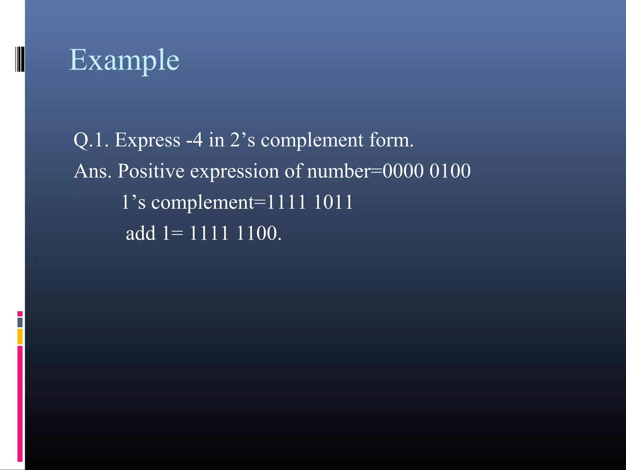 Example 
Q.1. Express -4 in 2’s complement form. 
Ans. Positive expression of number=0000 0100 
1’s complement=1111 1011 
add 1= 1111 1100. 
 