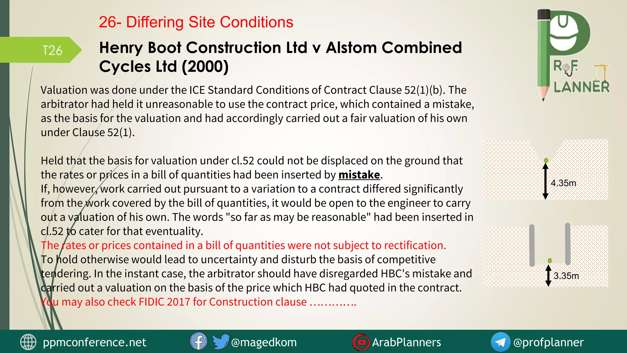 T26 Henry Boot Construction Ltd v Alstom Combined
Cycles Ltd (2000)
4.35m
3.35m
Valuation was done under the ICE Standard Conditions of Contract Clause 52(1)(b). The
arbitrator had held it unreasonable to use the contract price, which contained a mistake,
as the basis for the valuation and had accordingly carried out a fair valuation of his own
under Clause 52(1).
Held that the basis for valuation under cl.52 could not be displaced on the ground that
the rates or prices in a bill of quantities had been inserted by mistake.
If, however, work carried out pursuant to a variation to a contract differed significantly
from the work covered by the bill of quantities, it would be open to the engineer to carry
out a valuation of his own. The words "so far as may be reasonable" had been inserted in
cl.52 to cater for that eventuality.
The rates or prices contained in a bill of quantities were not subject to rectification.
To hold otherwise would lead to uncertainty and disturb the basis of competitive
tendering. In the instant case, the arbitrator should have disregarded HBC's mistake and
carried out a valuation on the basis of the price which HBC had quoted in the contract.
You may also check FIDIC 2017 for Construction clause ………….
26- Differing Site Conditions
ppmconference.net @magedkom ArabPlanners @profplanner
 