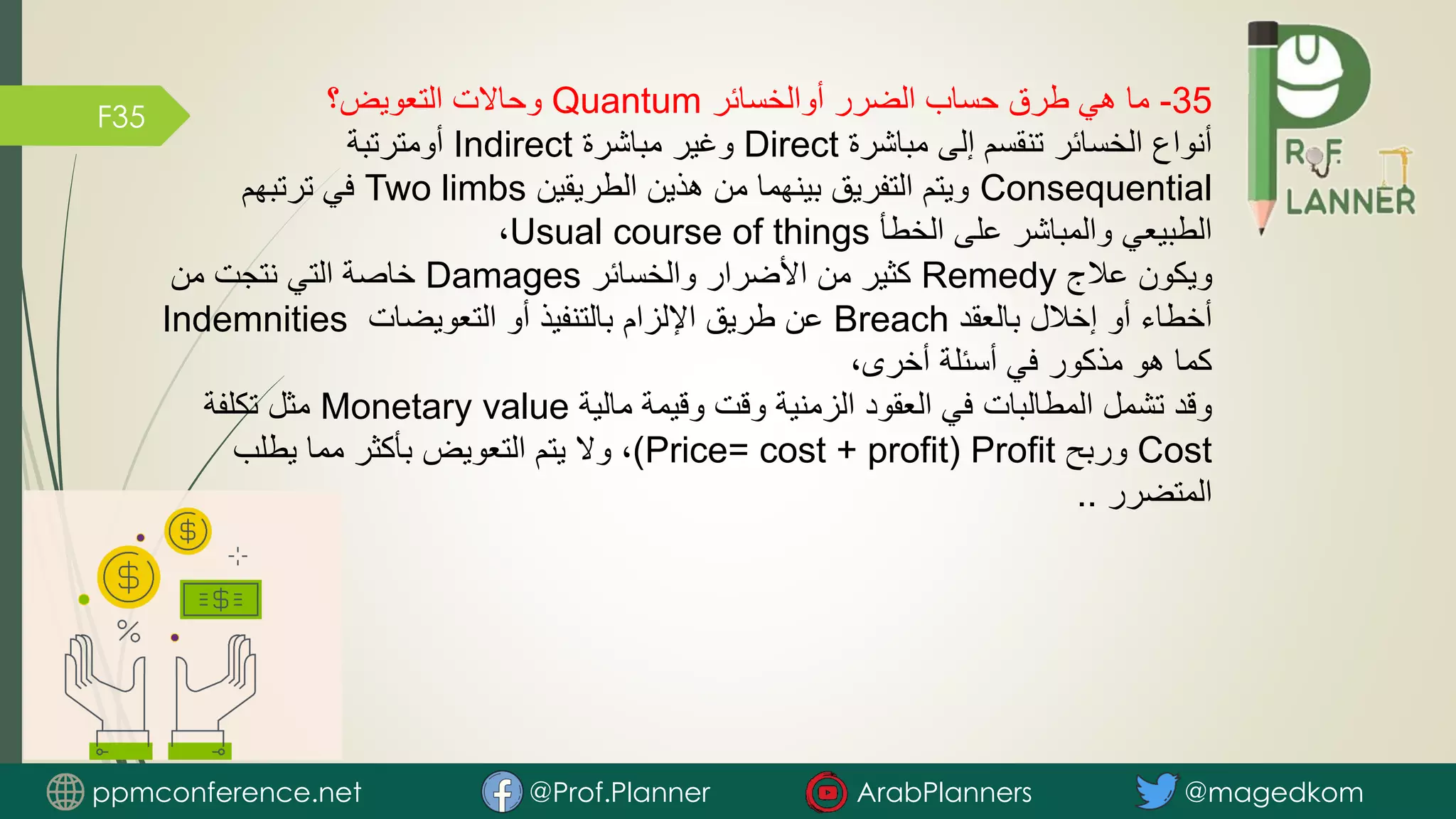 F35 35
-
‫أوالخسائر‬ ‫الضرر‬ ‫حساب‬ ‫طرق‬ ‫هي‬ ‫ما‬
Quantum
‫التعويض؟‬ ‫وحاالت‬
‫مباشرة‬ ‫إلى‬ ‫تنقسم‬ ‫الخسائر‬ ‫أنواع‬
Direct
‫مباشرة‬ ‫وغير‬
Indirect
‫أومترتبة‬
Consequential
‫الطريقين‬ ‫هذين‬ ‫من‬ ‫بينهما‬ ‫التفريق‬ ‫ويتم‬
Two limbs
‫ترتبهم‬ ‫في‬
‫الخطأ‬ ‫على‬ ‫والمباشر‬ ‫الطبيعي‬
Usual course of things
،
‫عالج‬ ‫ويكون‬
Remedy
‫والخسائر‬ ‫األضرار‬ ‫من‬ ‫كثير‬
Damages
‫من‬ ‫نتجت‬ ‫التي‬ ‫خاصة‬
‫بالعقد‬ ‫إخالل‬ ‫أو‬ ‫أخطاء‬
Breach
‫التعويضات‬ ‫أو‬ ‫بالتنفيذ‬ ‫اإللزام‬ ‫طريق‬ ‫عن‬
Indemnities
،‫أخرى‬ ‫أسئلة‬ ‫في‬ ‫مذكور‬ ‫هو‬ ‫كما‬
‫مالية‬ ‫وقيمة‬ ‫وقت‬ ‫الزمنية‬ ‫العقود‬ ‫في‬ ‫المطالبات‬ ‫تشمل‬ ‫وقد‬
Monetary value
‫تكلفة‬ ‫مثل‬
Cost
‫وربح‬
Profit
(
Price= cost + profit
)
‫يطلب‬ ‫مما‬ ‫بأكثر‬ ‫التعويض‬ ‫يتم‬ ‫وال‬ ،
‫المتضرر‬
..
ppmconference.net @Prof.Planner ArabPlanners @magedkom
 