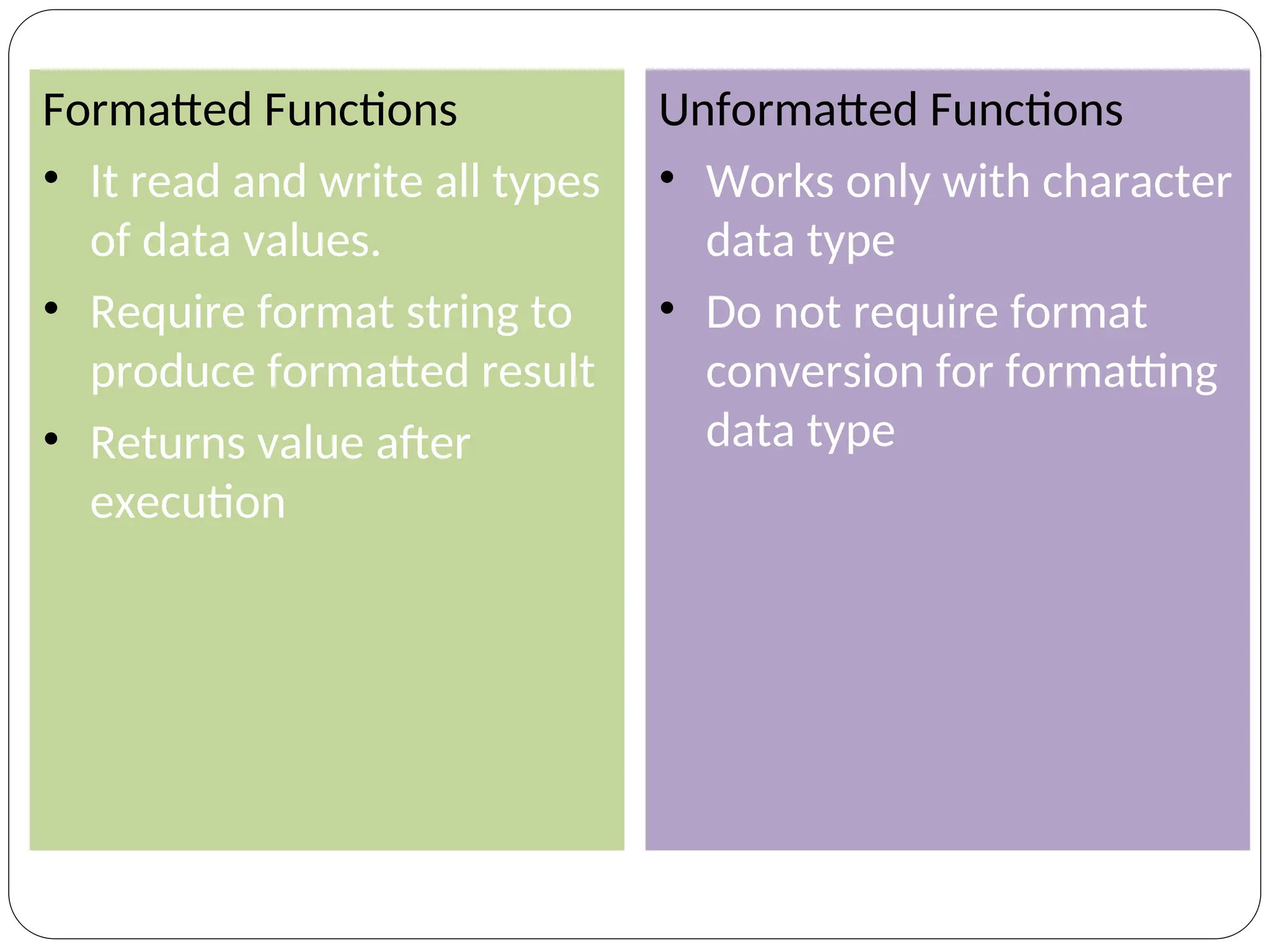 Formatted Functions
• It read and write all types
of data values.
• Require format string to
produce formatted result
• Returns value after
execution
Unformatted Functions
• Works only with character
data type
• Do not require format
conversion for formatting
data type
 