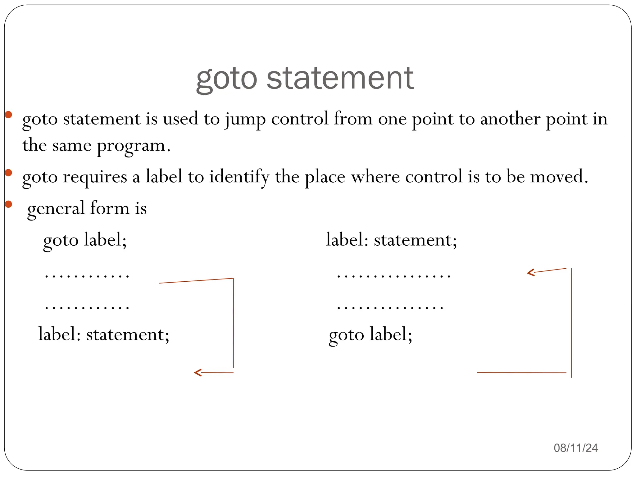 goto statement
08/11/24
 goto statement is used to jump control from one point to another point in
the same program.
 goto requires a label to identify the place where control is to be moved.
 general form is
goto label; label: statement;
………… …………….
………… ……………
label: statement; goto label;
 