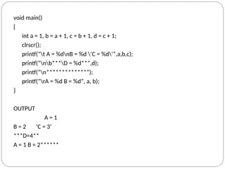 void main()
{
int a = 1, b = a + 1, c = b + 1, d = c + 1;
clrscr();
printf(“t A = %dnB = %d ’C = %d’”,a,b,c);
printf(“nb***D = %d**”,d);
printf(“n*************”);
printf(“rA = %d B = %d”, a, b);
}
OUTPUT
A = 1
B = 2 ‘C = 3’
***D=4**
A = 1 B = 2******
 