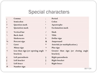 Special characters
08/11/24
, Comma . Period
; Semicolon : Colon
? Question mark ‘ Apostrophe
“ Quotation mark ! Exclamation mark
| Vertical bar / Slash
 Back slash ~ Tilde
_ Underscore $ Dollar sign
% Percent sign & Ampersand
^ Caret * Asterisk (or multiplication )
- Minus sign + Plus sign
< Less than sign (or opening angle
bracket)
> Greater than sign (or closing angle
bracket)
( Left parenthesis ) Right parenthesis
[ Left bracket ] Right bracket
{ Left brace } Right brace
# Number sign
 