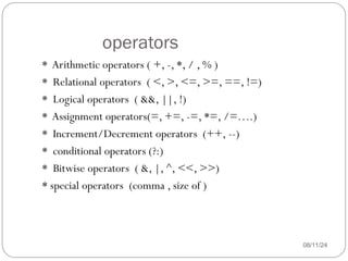 operators
08/11/24
* Arithmetic operators ( +, -, *, / , % )
* Relational operators ( <, >, <=, >=, ==, !=)
* Logical operators ( &&, ||, !)
* Assignment operators(=, +=, -=, *=, /=….)
* Increment/Decrement operators (++, --)
* conditional operators (?:)
* Bitwise operators ( &, |, ^, <<, >>)
* special operators (comma , size of )
 
