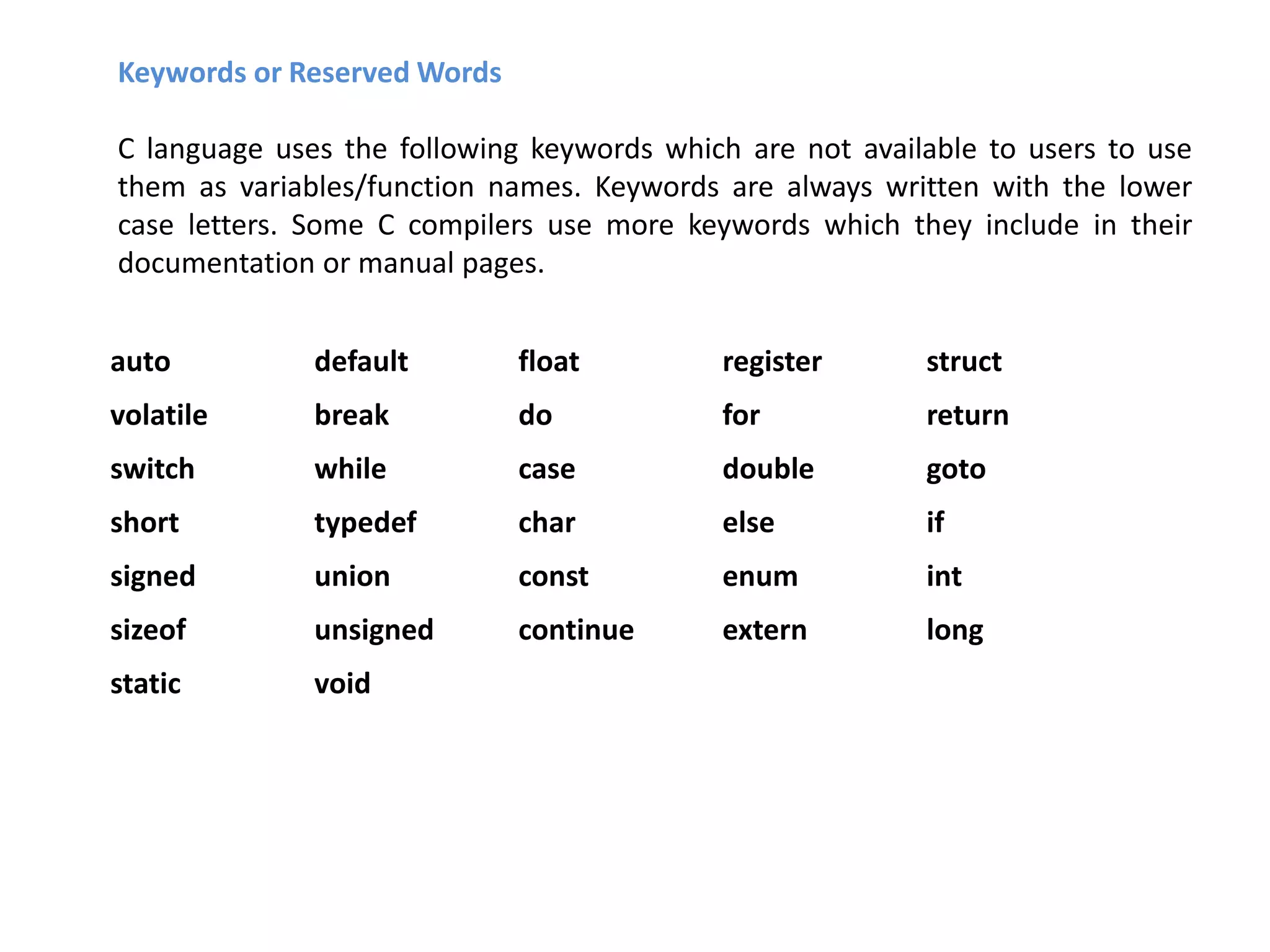 Keywords or Reserved Words
C language uses the following keywords which are not available to users to use
them as variables/function names. Keywords are always written with the lower
case letters. Some C compilers use more keywords which they include in their
documentation or manual pages.
auto default float register struct
volatile break do for return
switch while case double goto
short typedef char else if
signed union const enum int
sizeof unsigned continue extern long
static void
 