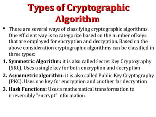 Types of CryptographicTypes of Cryptographic
AlgorithmAlgorithm
 There are several ways of classifying cryptographic algorithms.
One efficient way is to categorize based on the number of keys
that are employed for encryption and decryption. Based on the
above consideration cryptographic algorithms can be classified in
three types:
1. Symmetric Algorithm: it is also called Secret Key Cryptography
(SKC). Uses a single key for both encryption and decryption
2. Asymmetric algorithm: it is also called Public Key Cryptography
(PKC). Uses one key for encryption and another for decryption
3. Hash Functions: Uses a mathematical transformation to
irreversibly "encrypt" information
 
