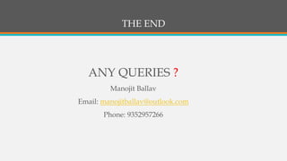 THE END
ANY QUERIES ?
Manojit Ballav
Email: manojitballav@outlook.com
Phone: 9352957266
 