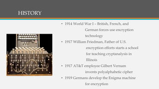 HISTORY
• 1914 World War I – British, French, and
German forces use encryption
technology
• 1917 William Friedman, Father of U.S.
encryption efforts starts a school
for teaching cryptanalysis in
Illinois
• 1917 AT&T employee Gilbert Vernam
invents polyalphabetic cipher
• 1919 Germans develop the Enigma machine
for encryption
 