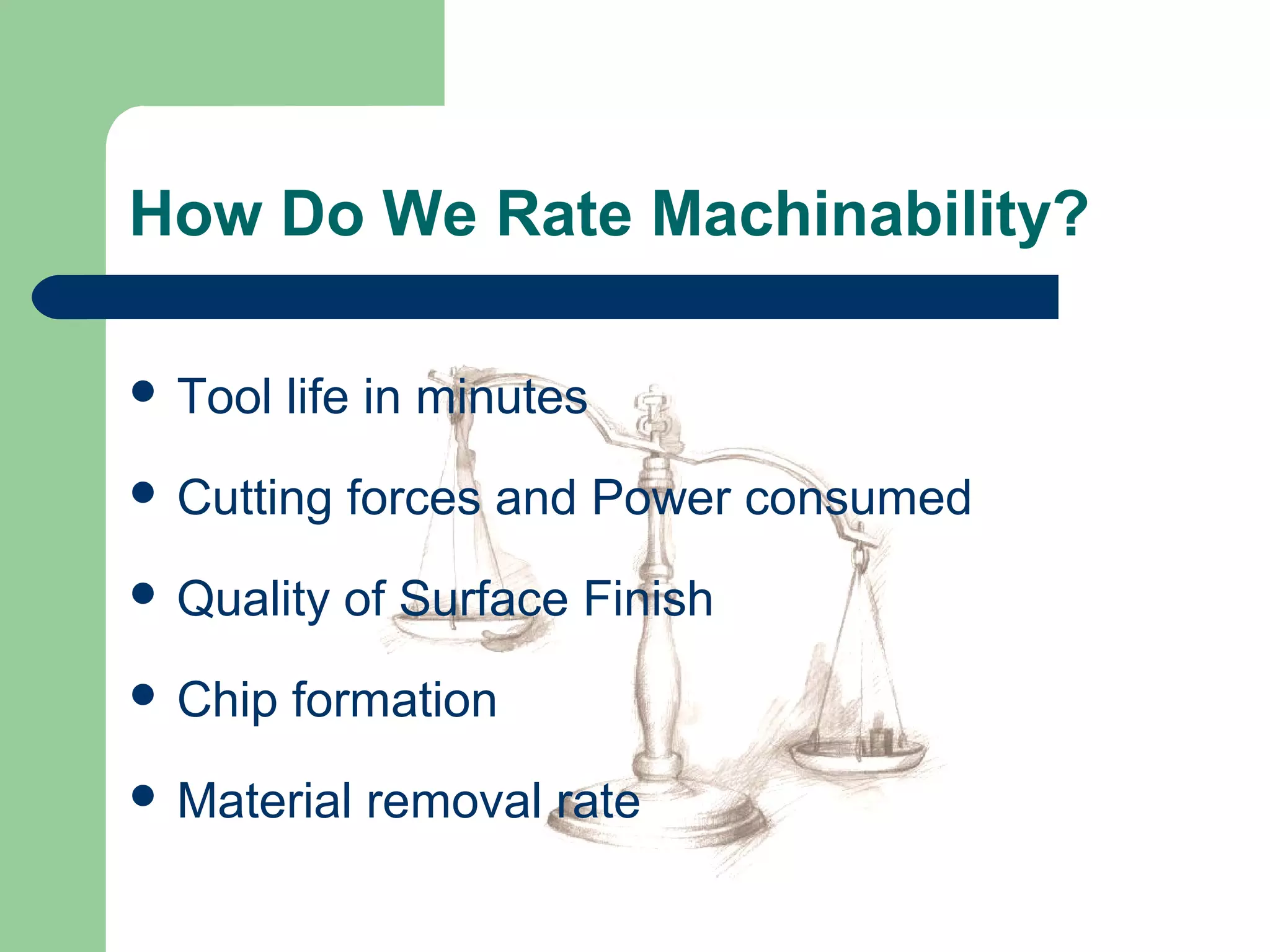 How Do We Rate Machinability?
 Tool life in minutes
 Cutting forces and Power consumed
 Quality of Surface Finish
 Chip formation
 Material removal rate
 