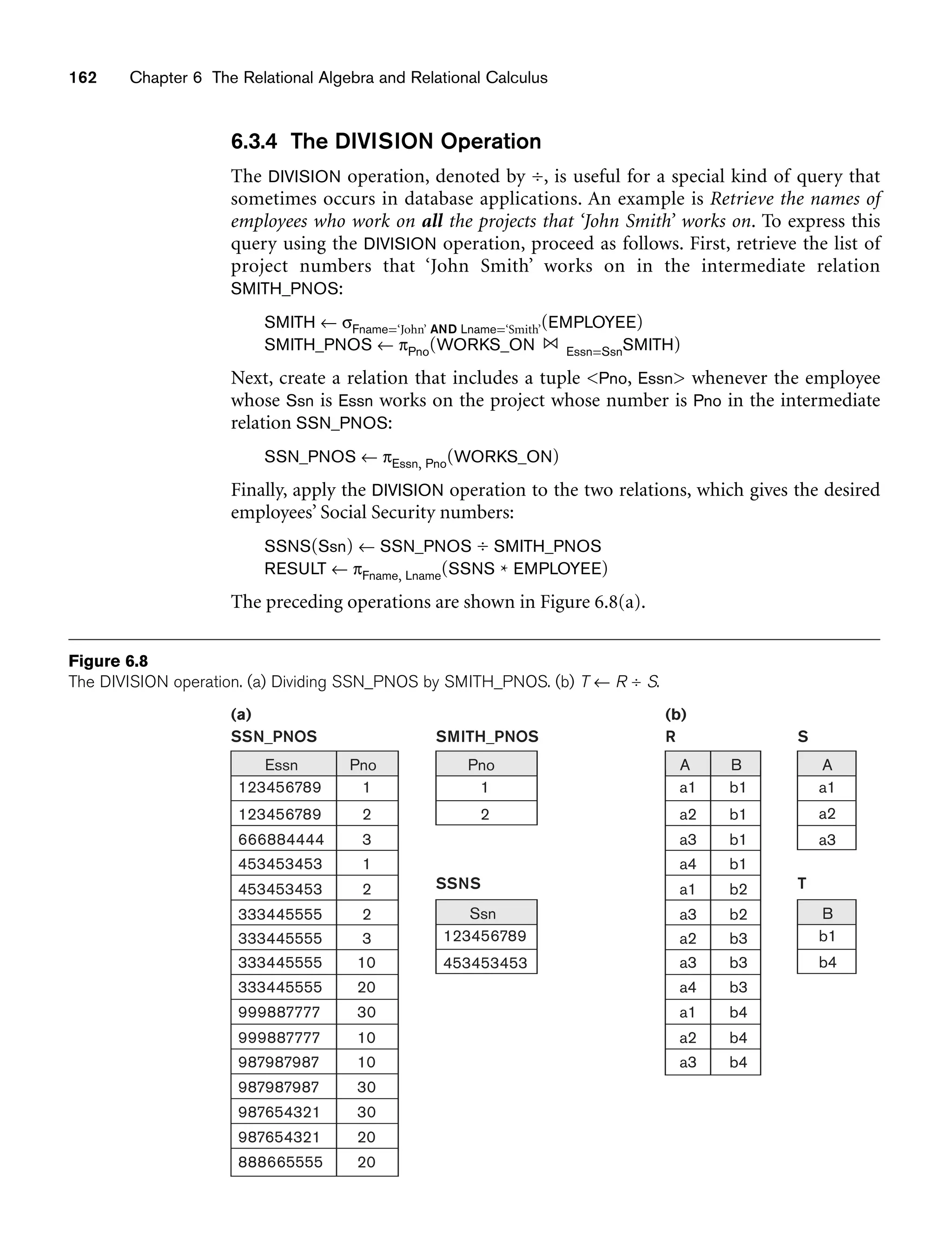162 Chapter 6 The Relational Algebra and Relational Calculus
Essn
SSN_PNOS
(a)
123456789
123456789
666884444
453453453
453453453
333445555
333445555
333445555
333445555
999887777
999887777
987987987
987987987
987654321
987654321
888665555
3
1
2
2
1
2
30
30
30
10
10
3
10
20
20
20
Pno A
R
(b)
a1
a2
a3
a4
a1
a3
a2
a3
a4
a1
a2
a3
b1
b1
b1
b2
b1
b2
b4
b4
b4
b3
b3
b3
B
SMITH_PNOS
1
2
Pno
S
a1
a2
a3
A
T
b1
b4
B
SSNS
123456789
453453453
Ssn
Figure 6.8
The DIVISION operation. (a) Dividing SSN_PNOS by SMITH_PNOS. (b) T ← R ÷ S.
6.3.4 The DIVISION Operation
The DIVISION operation, denoted by ÷, is useful for a special kind of query that
sometimes occurs in database applications. An example is Retrieve the names of
employees who work on all the projects that ‘John Smith’ works on. To express this
query using the DIVISION operation, proceed as follows. First, retrieve the list of
project numbers that ‘John Smith’ works on in the intermediate relation
SMITH_PNOS:
SMITH ← σFname=‘John’ AND Lname=‘Smith’(EMPLOYEE)
SMITH_PNOS ← πPno(WORKS_ON Essn=SsnSMITH)
Next, create a relation that includes a tuple Pno, Essn whenever the employee
whose Ssn is Essn works on the project whose number is Pno in the intermediate
relation SSN_PNOS:
SSN_PNOS ← πEssn, Pno(WORKS_ON)
Finally, apply the DIVISION operation to the two relations, which gives the desired
employees’ Social Security numbers:
SSNS(Ssn) ← SSN_PNOS ÷ SMITH_PNOS
RESULT ← πFname, Lname(SSNS * EMPLOYEE)
The preceding operations are shown in Figure 6.8(a).
 