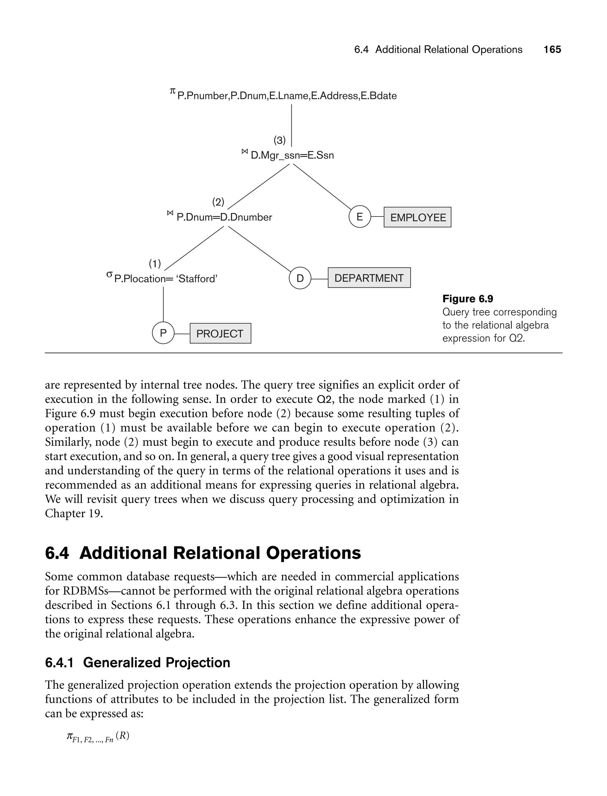 6.4 Additional Relational Operations 165
(1)
(2)
(3)
P.Pnumber,P.Dnum,E.Lname,E.Address,E.Bdate
π
D.Mgr_ssn=E.Ssn
P.Dnum=D.Dnumber
σP.Plocation= ‘Stafford’
E
D
P
EMPLOYEE
DEPARTMENT
PROJECT
Figure 6.9
Query tree corresponding
to the relational algebra
expression for Q2.
are represented by internal tree nodes. The query tree signifies an explicit order of
execution in the following sense. In order to execute Q2, the node marked (1) in
Figure 6.9 must begin execution before node (2) because some resulting tuples of
operation (1) must be available before we can begin to execute operation (2).
Similarly, node (2) must begin to execute and produce results before node (3) can
start execution, and so on. In general, a query tree gives a good visual representation
and understanding of the query in terms of the relational operations it uses and is
recommended as an additional means for expressing queries in relational algebra.
We will revisit query trees when we discuss query processing and optimization in
Chapter 19.
6.4 Additional Relational Operations
Some common database requests—which are needed in commercial applications
for RDBMSs—cannot be performed with the original relational algebra operations
described in Sections 6.1 through 6.3. In this section we define additional opera-
tions to express these requests. These operations enhance the expressive power of
the original relational algebra.
6.4.1 Generalized Projection
The generalized projection operation extends the projection operation by allowing
functions of attributes to be included in the projection list. The generalized form
can be expressed as:
πF1, F2, ..., Fn (R)
 