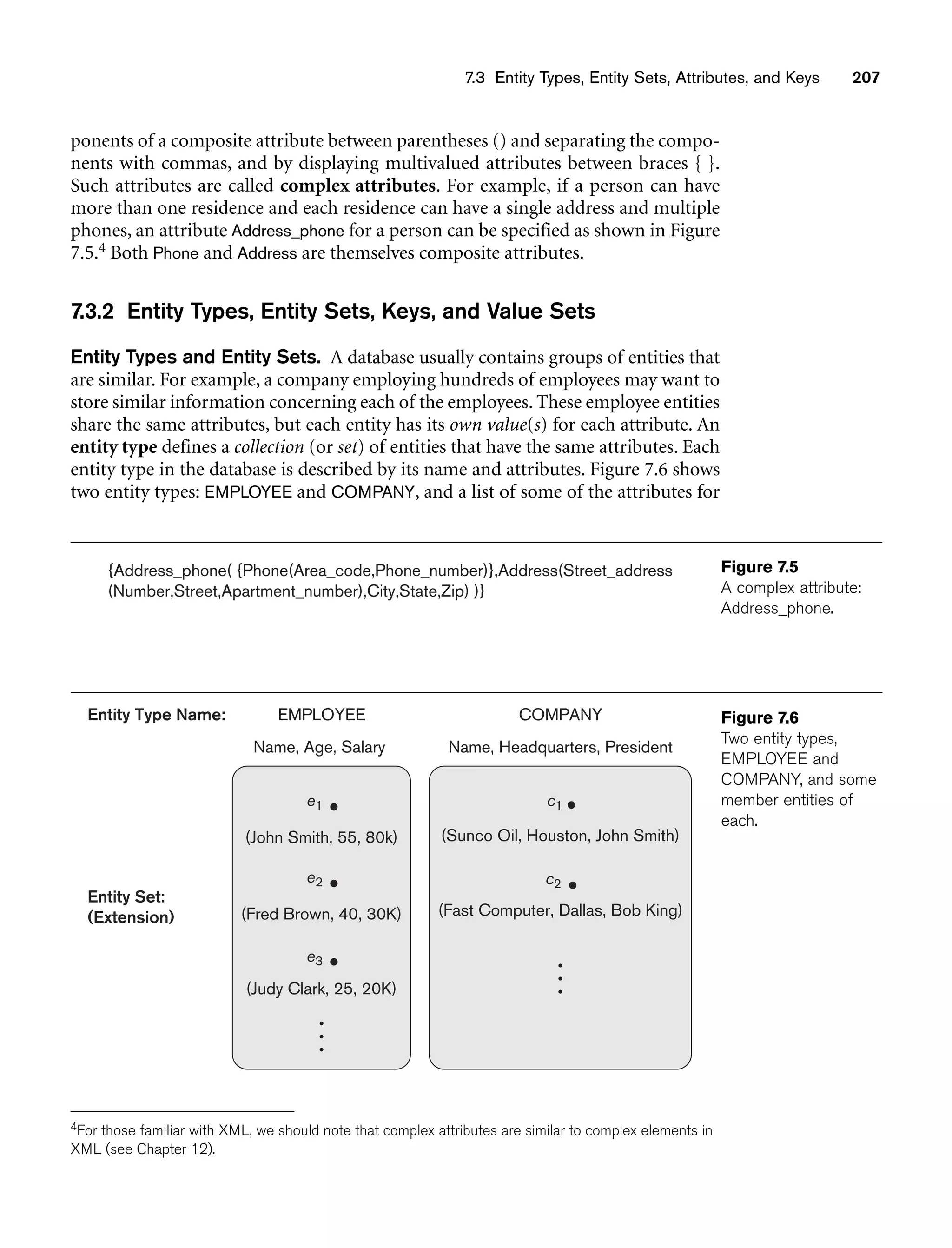 7.3 Entity Types, Entity Sets, Attributes, and Keys 207
{Address_phone( {Phone(Area_code,Phone_number)},Address(Street_address
(Number,Street,Apartment_number),City,State,Zip) )}
Figure 7.5
A complex attribute:
Address_phone.
Entity Type Name:
Entity Set:
(Extension)
COMPANY
Name, Headquarters, President
EMPLOYEE
Name, Age, Salary
(John Smith, 55, 80k)
(Fred Brown, 40, 30K)
(Judy Clark, 25, 20K)
e1 c1
c2
e2
e3
(Sunco Oil, Houston, John Smith)
(Fast Computer, Dallas, Bob King)
Figure 7.6
Two entity types,
EMPLOYEE and
COMPANY, and some
member entities of
each.
ponents of a composite attribute between parentheses () and separating the compo-
nents with commas, and by displaying multivalued attributes between braces { }.
Such attributes are called complex attributes. For example, if a person can have
more than one residence and each residence can have a single address and multiple
phones, an attribute Address_phone for a person can be specified as shown in Figure
7.5.4 Both Phone and Address are themselves composite attributes.
7.3.2 Entity Types, Entity Sets, Keys, and Value Sets
Entity Types and Entity Sets. A database usually contains groups of entities that
are similar. For example, a company employing hundreds of employees may want to
store similar information concerning each of the employees. These employee entities
share the same attributes, but each entity has its own value(s) for each attribute. An
entity type defines a collection (or set) of entities that have the same attributes. Each
entity type in the database is described by its name and attributes. Figure 7.6 shows
two entity types: EMPLOYEE and COMPANY, and a list of some of the attributes for
4For those familiar with XML, we should note that complex attributes are similar to complex elements in
XML (see Chapter 12).
 