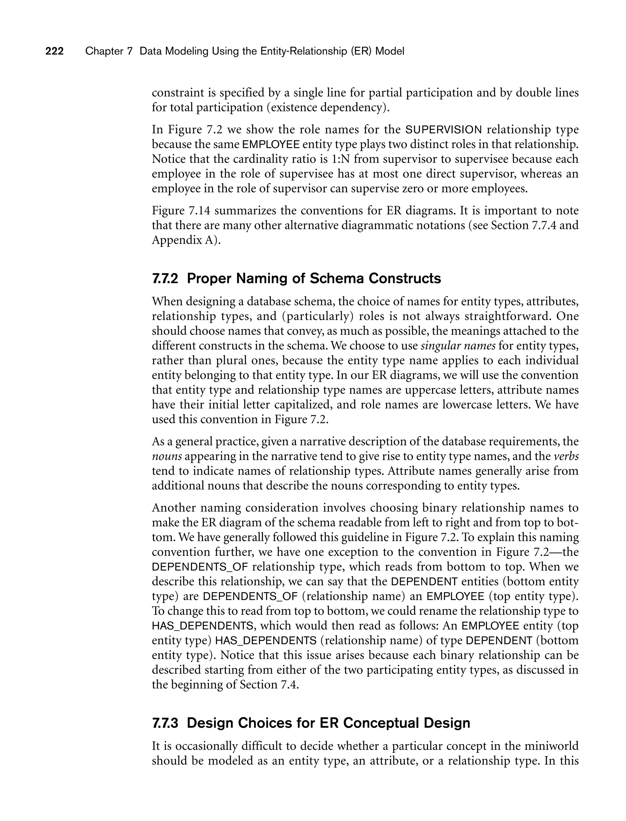 222 Chapter 7 Data Modeling Using the Entity-Relationship (ER) Model
constraint is specified by a single line for partial participation and by double lines
for total participation (existence dependency).
In Figure 7.2 we show the role names for the SUPERVISION relationship type
because the same EMPLOYEE entity type plays two distinct roles in that relationship.
Notice that the cardinality ratio is 1:N from supervisor to supervisee because each
employee in the role of supervisee has at most one direct supervisor, whereas an
employee in the role of supervisor can supervise zero or more employees.
Figure 7.14 summarizes the conventions for ER diagrams. It is important to note
that there are many other alternative diagrammatic notations (see Section 7.7.4 and
Appendix A).
7.7.2 Proper Naming of Schema Constructs
When designing a database schema, the choice of names for entity types, attributes,
relationship types, and (particularly) roles is not always straightforward. One
should choose names that convey, as much as possible, the meanings attached to the
different constructs in the schema. We choose to use singular names for entity types,
rather than plural ones, because the entity type name applies to each individual
entity belonging to that entity type. In our ER diagrams, we will use the convention
that entity type and relationship type names are uppercase letters, attribute names
have their initial letter capitalized, and role names are lowercase letters. We have
used this convention in Figure 7.2.
As a general practice, given a narrative description of the database requirements, the
nouns appearing in the narrative tend to give rise to entity type names, and the verbs
tend to indicate names of relationship types. Attribute names generally arise from
additional nouns that describe the nouns corresponding to entity types.
Another naming consideration involves choosing binary relationship names to
make the ER diagram of the schema readable from left to right and from top to bot-
tom. We have generally followed this guideline in Figure 7.2. To explain this naming
convention further, we have one exception to the convention in Figure 7.2—the
DEPENDENTS_OF relationship type, which reads from bottom to top. When we
describe this relationship, we can say that the DEPENDENT entities (bottom entity
type) are DEPENDENTS_OF (relationship name) an EMPLOYEE (top entity type).
To change this to read from top to bottom, we could rename the relationship type to
HAS_DEPENDENTS, which would then read as follows: An EMPLOYEE entity (top
entity type) HAS_DEPENDENTS (relationship name) of type DEPENDENT (bottom
entity type). Notice that this issue arises because each binary relationship can be
described starting from either of the two participating entity types, as discussed in
the beginning of Section 7.4.
7.7.3 Design Choices for ER Conceptual Design
It is occasionally difficult to decide whether a particular concept in the miniworld
should be modeled as an entity type, an attribute, or a relationship type. In this
 