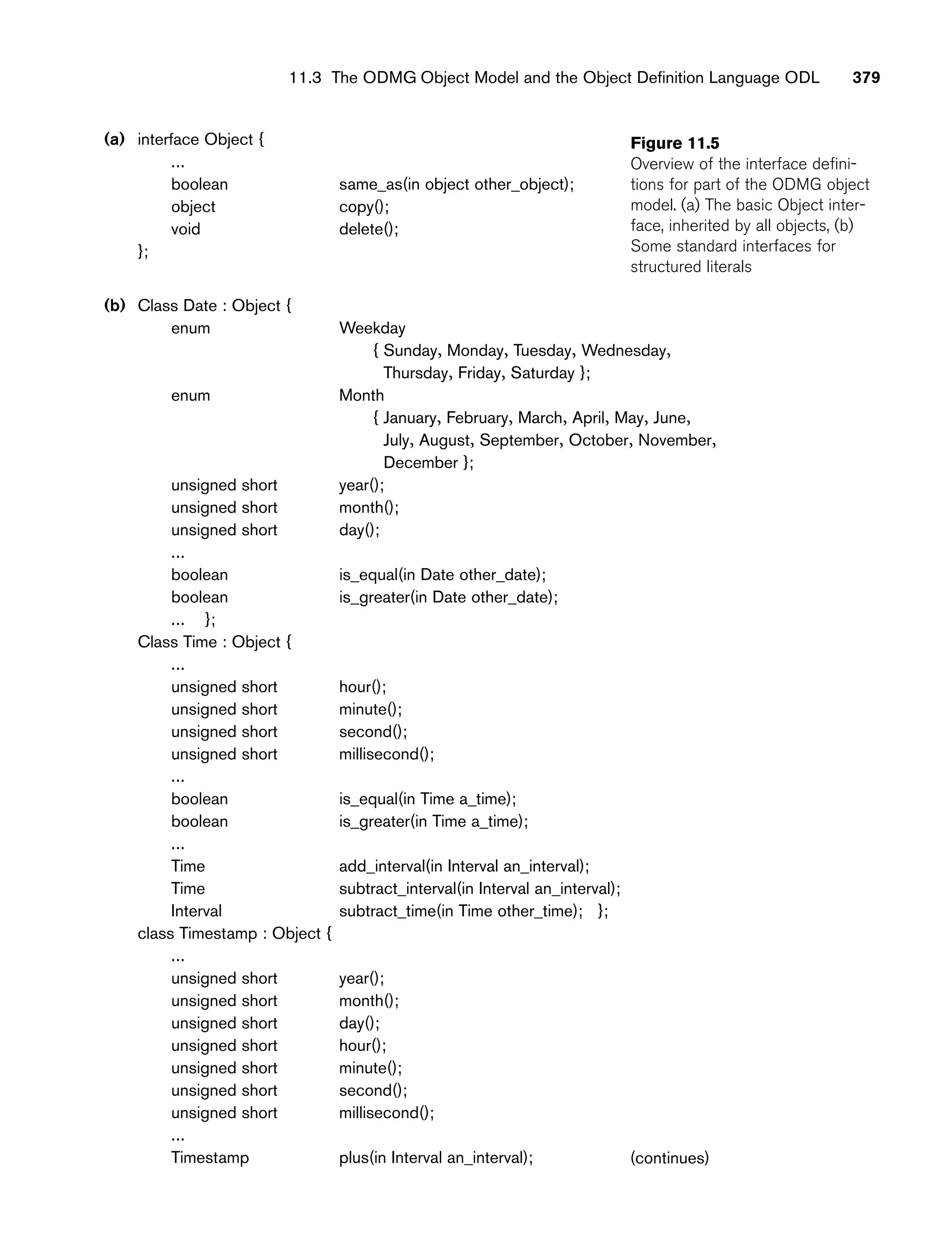 Figure 11.5
Overview of the interface defini-
tions for part of the ODMG object
model. (a) The basic Object inter-
face, inherited by all objects, (b)
Some standard interfaces for
structured literals
11.3 The ODMG Object Model and the Object Definition Language ODL 379
(a) interface Object {
...
boolean same_as(in object other_object);
object copy();
void delete();
};
(b) Class Date : Object {
enum Weekday
{ Sunday, Monday, Tuesday, Wednesday,
Thursday, Friday, Saturday };
enum Month
{ January, February, March, April, May, June,
July, August, September, October, November,
December };
unsigned short year();
unsigned short month();
unsigned short day();
...
boolean is_equal(in Date other_date);
boolean is_greater(in Date other_date);
... };
Class Time : Object {
...
unsigned short hour();
unsigned short minute();
unsigned short second();
unsigned short millisecond();
...
boolean is_equal(in Time a_time);
boolean is_greater(in Time a_time);
...
Time add_interval(in Interval an_interval);
Time subtract_interval(in Interval an_interval);
Interval subtract_time(in Time other_time); };
class Timestamp : Object {
...
unsigned short year();
unsigned short month();
unsigned short day();
unsigned short hour();
unsigned short minute();
unsigned short second();
unsigned short millisecond();
...
Timestamp plus(in Interval an_interval); (continues)
 
