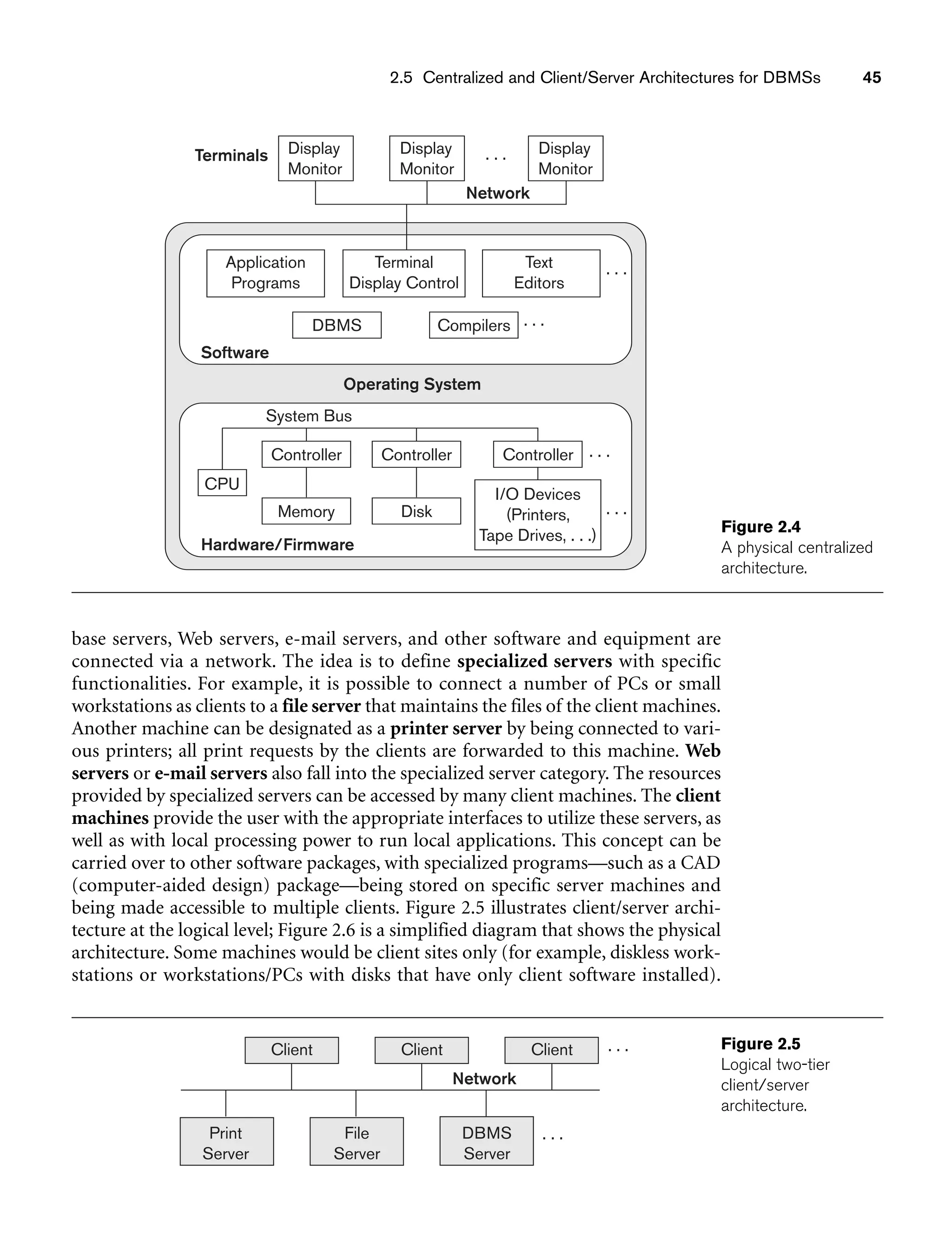 2.5 Centralized and Client/Server Architectures for DBMSs 45
Display
Monitor
Display
Monitor
Network
Software
Hardware/Firmware
Operating System
Display
Monitor
Application
Programs
DBMS
Controller
CPU
Controller
. . .
. . .
. . .
Controller
Memory Disk
I/O Devices
(Printers,
Tape Drives, . . .)
Compilers
Text
Editors
Terminal
Display Control
System Bus
Terminals . . .
. . .
Figure 2.4
A physical centralized
architecture.
base servers, Web servers, e-mail servers, and other software and equipment are
connected via a network. The idea is to define specialized servers with specific
functionalities. For example, it is possible to connect a number of PCs or small
workstations as clients to a file server that maintains the files of the client machines.
Another machine can be designated as a printer server by being connected to vari-
ous printers; all print requests by the clients are forwarded to this machine. Web
servers or e-mail servers also fall into the specialized server category. The resources
provided by specialized servers can be accessed by many client machines. The client
machines provide the user with the appropriate interfaces to utilize these servers, as
well as with local processing power to run local applications. This concept can be
carried over to other software packages, with specialized programs—such as a CAD
(computer-aided design) package—being stored on specific server machines and
being made accessible to multiple clients. Figure 2.5 illustrates client/server archi-
tecture at the logical level; Figure 2.6 is a simplified diagram that shows the physical
architecture. Some machines would be client sites only (for example, diskless work-
stations or workstations/PCs with disks that have only client software installed).
Client Client Client
Print
Server
DBMS
Server
File
Server
. . .
. . .
Network
Figure 2.5
Logical two-tier
client/server
architecture.
 