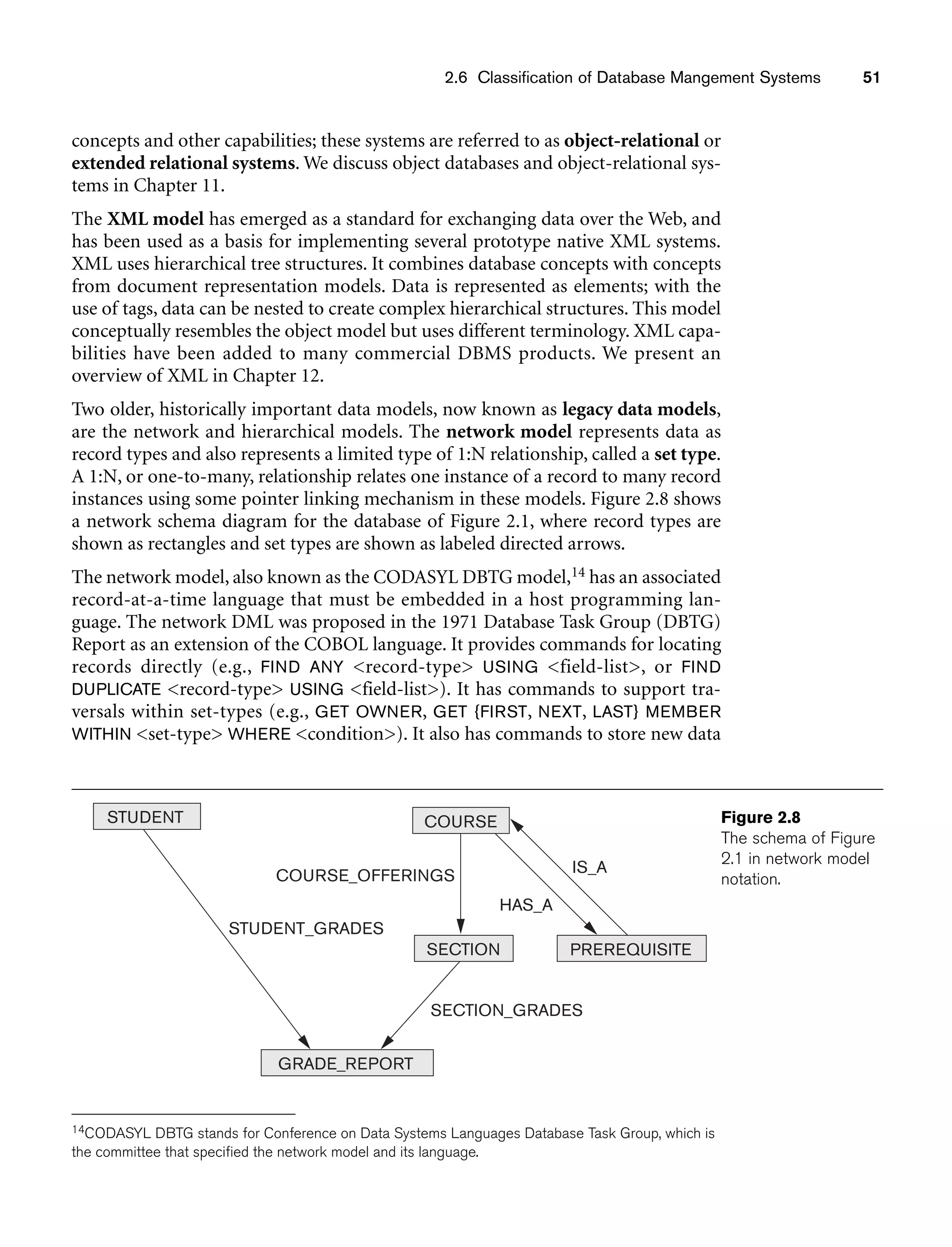 2.6 Classification of Database Mangement Systems 51
concepts and other capabilities; these systems are referred to as object-relational or
extended relational systems. We discuss object databases and object-relational sys-
tems in Chapter 11.
The XML model has emerged as a standard for exchanging data over the Web, and
has been used as a basis for implementing several prototype native XML systems.
XML uses hierarchical tree structures. It combines database concepts with concepts
from document representation models. Data is represented as elements; with the
use of tags, data can be nested to create complex hierarchical structures. This model
conceptually resembles the object model but uses different terminology. XML capa-
bilities have been added to many commercial DBMS products. We present an
overview of XML in Chapter 12.
Two older, historically important data models, now known as legacy data models,
are the network and hierarchical models. The network model represents data as
record types and also represents a limited type of 1:N relationship, called a set type.
A 1:N, or one-to-many, relationship relates one instance of a record to many record
instances using some pointer linking mechanism in these models. Figure 2.8 shows
a network schema diagram for the database of Figure 2.1, where record types are
shown as rectangles and set types are shown as labeled directed arrows.
The network model, also known as the CODASYL DBTG model,14 has an associated
record-at-a-time language that must be embedded in a host programming lan-
guage. The network DML was proposed in the 1971 Database Task Group (DBTG)
Report as an extension of the COBOL language. It provides commands for locating
records directly (e.g., FIND ANY record-type USING field-list, or FIND
DUPLICATE record-type USING field-list). It has commands to support tra-
versals within set-types (e.g., GET OWNER, GET {FIRST, NEXT, LAST} MEMBER
WITHIN set-type WHERE condition). It also has commands to store new data
GRADE_REPORT
SECTION
COURSE_OFFERINGS
STUDENT_GRADES
HAS_A
IS_A
PREREQUISITE
SECTION_GRADES
STUDENT COURSE Figure 2.8
The schema of Figure
2.1 in network model
notation.
14CODASYL DBTG stands for Conference on Data Systems Languages Database Task Group, which is
the committee that specified the network model and its language.
 