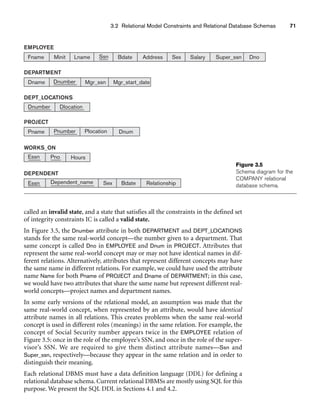 3.2 Relational Model Constraints and Relational Database Schemas 71
DEPARTMENT
Fname Minit Lname Ssn Bdate Address Sex Salary Super_ssn Dno
EMPLOYEE
DEPT_LOCATIONS
Dnumber Dlocation
PROJECT
Pname Pnumber Plocation Dnum
WORKS_ON
Essn Pno Hours
DEPENDENT
Essn Dependent_name Sex Bdate Relationship
Dname Dnumber Mgr_ssn Mgr_start_date
Figure 3.5
Schema diagram for the
COMPANY relational
database schema.
called an invalid state, and a state that satisfies all the constraints in the defined set
of integrity constraints IC is called a valid state.
In Figure 3.5, the Dnumber attribute in both DEPARTMENT and DEPT_LOCATIONS
stands for the same real-world concept—the number given to a department. That
same concept is called Dno in EMPLOYEE and Dnum in PROJECT. Attributes that
represent the same real-world concept may or may not have identical names in dif-
ferent relations. Alternatively, attributes that represent different concepts may have
the same name in different relations. For example, we could have used the attribute
name Name for both Pname of PROJECT and Dname of DEPARTMENT; in this case,
we would have two attributes that share the same name but represent different real-
world concepts—project names and department names.
In some early versions of the relational model, an assumption was made that the
same real-world concept, when represented by an attribute, would have identical
attribute names in all relations. This creates problems when the same real-world
concept is used in different roles (meanings) in the same relation. For example, the
concept of Social Security number appears twice in the EMPLOYEE relation of
Figure 3.5: once in the role of the employee’s SSN, and once in the role of the super-
visor’s SSN. We are required to give them distinct attribute names—Ssn and
Super_ssn, respectively—because they appear in the same relation and in order to
distinguish their meaning.
Each relational DBMS must have a data definition language (DDL) for defining a
relational database schema. Current relational DBMSs are mostly using SQL for this
purpose. We present the SQL DDL in Sections 4.1 and 4.2.
 