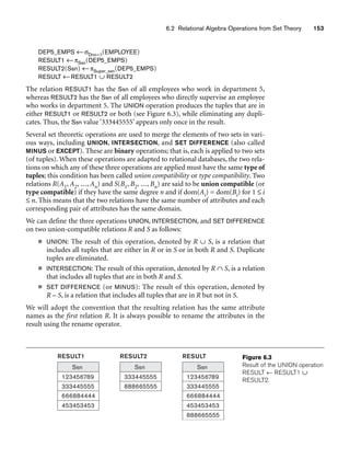 6.2 Relational Algebra Operations from Set Theory 153
DEP5_EMPS ←σDno=5(EMPLOYEE)
RESULT1 ←πSsn(DEP5_EMPS)
RESULT2(Ssn) ←πSuper_ssn(DEP5_EMPS)
RESULT ←RESULT1 ∪ RESULT2
The relation RESULT1 has the Ssn of all employees who work in department 5,
whereas RESULT2 has the Ssn of all employees who directly supervise an employee
who works in department 5. The UNION operation produces the tuples that are in
either RESULT1 or RESULT2 or both (see Figure 6.3), while eliminating any dupli-
cates. Thus, the Ssn value ‘333445555’ appears only once in the result.
Several set theoretic operations are used to merge the elements of two sets in vari-
ous ways, including UNION, INTERSECTION, and SET DIFFERENCE (also called
MINUS or EXCEPT). These are binary operations; that is, each is applied to two sets
(of tuples). When these operations are adapted to relational databases, the two rela-
tions on which any of these three operations are applied must have the same type of
tuples; this condition has been called union compatibility or type compatibility. Two
relations R(A1, A2, ..., An) and S(B1, B2, ..., Bn) are said to be union compatible (or
type compatible) if they have the same degree n and if dom(Ai) = dom(Bi) for 1 f i
f n. This means that the two relations have the same number of attributes and each
corresponding pair of attributes has the same domain.
We can define the three operations UNION, INTERSECTION, and SET DIFFERENCE
on two union-compatible relations R and S as follows:
■ UNION: The result of this operation, denoted by R ∪ S, is a relation that
includes all tuples that are either in R or in S or in both R and S. Duplicate
tuples are eliminated.
■ INTERSECTION: The result of this operation, denoted by R ∩ S, is a relation
that includes all tuples that are in both R and S.
■ SET DIFFERENCE (or MINUS): The result of this operation, denoted by
R – S, is a relation that includes all tuples that are in R but not in S.
We will adopt the convention that the resulting relation has the same attribute
names as the first relation R. It is always possible to rename the attributes in the
result using the rename operator.
RESULT1
Ssn
123456789
333445555
666884444
453453453
RESULT
Ssn
123456789
333445555
666884444
453453453
888665555
RESULT2
Ssn
333445555
888665555
Figure 6.3
Result of the UNION operation
RESULT ← RESULT1 ∪
RESULT2.
 