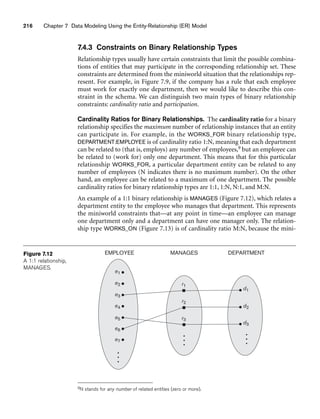 216 Chapter 7 Data Modeling Using the Entity-Relationship (ER) Model
EMPLOYEE MANAGES DEPARTMENT
e1
e2
e3
e4
e5
e6
e7
d1
d2
d3
r1
r2
r3
Figure 7.12
A 1:1 relationship,
MANAGES.
7.4.3 Constraints on Binary Relationship Types
Relationship types usually have certain constraints that limit the possible combina-
tions of entities that may participate in the corresponding relationship set. These
constraints are determined from the miniworld situation that the relationships rep-
resent. For example, in Figure 7.9, if the company has a rule that each employee
must work for exactly one department, then we would like to describe this con-
straint in the schema. We can distinguish two main types of binary relationship
constraints: cardinality ratio and participation.
Cardinality Ratios for Binary Relationships. The cardinality ratio for a binary
relationship specifies the maximum number of relationship instances that an entity
can participate in. For example, in the WORKS_FOR binary relationship type,
DEPARTMENT:EMPLOYEE is of cardinality ratio 1:N, meaning that each department
can be related to (that is, employs) any number of employees,9 but an employee can
be related to (work for) only one department. This means that for this particular
relationship WORKS_FOR, a particular department entity can be related to any
number of employees (N indicates there is no maximum number). On the other
hand, an employee can be related to a maximum of one department. The possible
cardinality ratios for binary relationship types are 1:1, 1:N, N:1, and M:N.
An example of a 1:1 binary relationship is MANAGES (Figure 7.12), which relates a
department entity to the employee who manages that department. This represents
the miniworld constraints that—at any point in time—an employee can manage
one department only and a department can have one manager only. The relation-
ship type WORKS_ON (Figure 7.13) is of cardinality ratio M:N, because the mini-
9N stands for any number of related entities (zero or more).
 