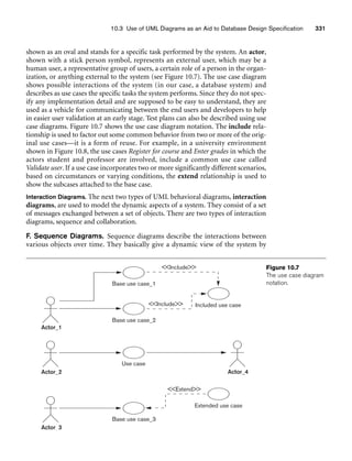10.3 Use of UML Diagrams as an Aid to Database Design Specification 331
Base use case_1
Base use case_2
Use case
Base use case_3
Extended use case
Actor_1
Actor_2 Actor_4
Actor_3
Include
Include
Extend
Included use case
Figure 10.7
The use case diagram
notation.
shown as an oval and stands for a specific task performed by the system. An actor,
shown with a stick person symbol, represents an external user, which may be a
human user, a representative group of users, a certain role of a person in the organ-
ization, or anything external to the system (see Figure 10.7). The use case diagram
shows possible interactions of the system (in our case, a database system) and
describes as use cases the specific tasks the system performs. Since they do not spec-
ify any implementation detail and are supposed to be easy to understand, they are
used as a vehicle for communicating between the end users and developers to help
in easier user validation at an early stage. Test plans can also be described using use
case diagrams. Figure 10.7 shows the use case diagram notation. The include rela-
tionship is used to factor out some common behavior from two or more of the orig-
inal use cases—it is a form of reuse. For example, in a university environment
shown in Figure 10.8, the use cases Register for course and Enter grades in which the
actors student and professor are involved, include a common use case called
Validate user. If a use case incorporates two or more significantly different scenarios,
based on circumstances or varying conditions, the extend relationship is used to
show the subcases attached to the base case.
Interaction Diagrams. The next two types of UML behavioral diagrams, interaction
diagrams, are used to model the dynamic aspects of a system. They consist of a set
of messages exchanged between a set of objects. There are two types of interaction
diagrams, sequence and collaboration.
F. Sequence Diagrams. Sequence diagrams describe the interactions between
various objects over time. They basically give a dynamic view of the system by
 
