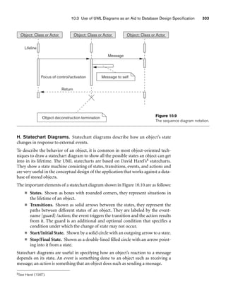 10.3 Use of UML Diagrams as an Aid to Database Design Specification 333
Object: Class or Actor
Lifeline
Focus of control/activation Message to self
Message
Object: Class or Actor
Object: Class or Actor
Object deconstruction termination
Return
Figure 10.9
The sequence diagram notation.
H. Statechart Diagrams. Statechart diagrams describe how an object’s state
changes in response to external events.
To describe the behavior of an object, it is common in most object-oriented tech-
niques to draw a statechart diagram to show all the possible states an object can get
into in its lifetime. The UML statecharts are based on David Harel’s8 statecharts.
They show a state machine consisting of states, transitions, events, and actions and
are very useful in the conceptual design of the application that works against a data-
base of stored objects.
The important elements of a statechart diagram shown in Figure 10.10 are as follows:
■ States. Shown as boxes with rounded corners, they represent situations in
the lifetime of an object.
■ Transitions. Shown as solid arrows between the states, they represent the
paths between different states of an object. They are labeled by the event-
name [guard] /action; the event triggers the transition and the action results
from it. The guard is an additional and optional condition that specifies a
condition under which the change of state may not occur.
■ Start/Initial State. Shown by a solid circle with an outgoing arrow to a state.
■ Stop/Final State. Shown as a double-lined filled circle with an arrow point-
ing into it from a state.
Statechart diagrams are useful in specifying how an object’s reaction to a message
depends on its state. An event is something done to an object such as receiving a
message; an action is something that an object does such as sending a message.
8See Harel (1987).
 