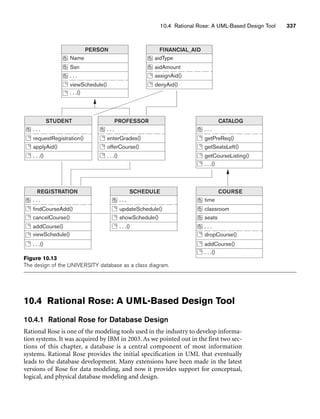 10.4 Rational Rose: A UML-Based Design Tool 337
REGISTRATION
. . .
findCourseAdd()
cancelCourse()
addCourse()
viewSchedule()
. . .()
CATALOG
. . .
getPreReq()
getSeatsLeft()
getCourseListing()
. . .()
FINANCIAL_AID
aidType
aidAmount
assignAid()
denyAid()
SCHEDULE
. . .
updateSchedule()
showSchedule()
. . .()
STUDENT
. . .
requestRegistration()
applyAid()
. . .()
PROFESSOR
. . .
enterGrades()
offerCourse()
. . .()
COURSE
time
classroom
seats
. . .
dropCourse()
addCourse()
. . .()
PERSON
Name
Ssn
. . .
viewSchedule()
. . .()
Figure 10.13
The design of the UNIVERSITY database as a class diagram.
10.4 Rational Rose: A UML-Based Design Tool
10.4.1 Rational Rose for Database Design
Rational Rose is one of the modeling tools used in the industry to develop informa-
tion systems. It was acquired by IBM in 2003. As we pointed out in the first two sec-
tions of this chapter, a database is a central component of most information
systems. Rational Rose provides the initial specification in UML that eventually
leads to the database development. Many extensions have been made in the latest
versions of Rose for data modeling, and now it provides support for conceptual,
logical, and physical database modeling and design.
 