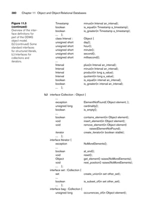 Timestamp minus(in Interval an_interval);
boolean is_equal(in Timestamp a_timestamp);
boolean is_greater(in Timestamp a_timestamp);
... };
class Interval : Object {
unsigned short day();
unsigned short hour();
unsigned short minute();
unsigned short second();
unsigned short millisecond();
...
Interval plus(in Interval an_interval);
Interval minus(in Interval an_interval);
Interval product(in long a_value);
Interval quotient(in long a_value);
boolean is_equal(in interval an_interval);
boolean is_greater(in interval an_interval);
... };
(c) interface Collection : Object {
...
exception ElementNotFound{ Object element; };
unsigned long cardinality();
boolean is_empty();
...
boolean contains_element(in Object element);
void insert_element(in Object element);
void remove_element(in Object element)
raises(ElementNotFound);
iterator create_iterator(in boolean stable);
... };
interface Iterator {
exception NoMoreElements();
...
boolean at_end();
void reset();
Object get_element() raises(NoMoreElements);
void next_position() raises(NoMoreElements);
... };
interface set : Collection {
set create_union(in set other_set);
...
boolean is_subset_of(in set other_set);
... };
interface bag : Collection {
unsigned long occurrences_of(in Object element);
380 Chapter 11 Object and Object-Relational Databases
Figure 11.5
(continued)
Overview of the inter-
face definitions for
part of the ODMG
object model.
(b) (continued) Some
standard interfaces
for structured literals,
(c) Interfaces for
collections and
iterators.
 