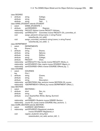 class DEGREE
{ attribute string College;
attribute string Degree;
attribute string Year; };
class GRAD_STUDENT extends STUDENT
( extent GRAD_STUDENTS )
{ attribute setDEGREE Degrees;
relationship FACULTY Advisor inverse FACULTY::Advises;
relationship setFACULTY Committee inverse FACULTY::On_committee_of;
void assign_advisor(in string Lname; in string Fname)
raises(facuIty_not_valid);
void assign_committee_member(in string Lname; in string Fname)
raises(facuIty_not_valid); };
class DEPARTMENT
( extent DEPARTMENTS
key Dname )
{ attribute string Dname;
attribute string Dphone;
attribute string Doffice;
attribute string College;
attribute FACULTY Chair;
relationship setFACULTY Has_faculty inverse FACULTY::Works_in;
relationship setSTUDENT Has_majors inverse STUDENT::Majors_in;
relationship setCOURSE Offers inverse COURSE::Offered_by; };
class COURSE
( extent COURSES
key Cno )
{ attribute string Cname;
attribute string Cno;
attribute string Description;
relationship setSECTION Has_sections inverse SECTION::Of_course;
relationship DEPARTMENT Offered_by inverse DEPARTMENT::Offers; };
class SECTION
( extent SECTIONS )
{ attribute short Sec_no;
attribute string Year;
attribute enum Quarter{Fall, Winter, Spring, Summer}
Qtr;
relationship setGRADE Students inverse GRADE::Section;
relationship course Of_course inverse COURSE::Has_sections; };
class CURR_SECTION extends SECTION
( extent CURRENT_SECTIONS )
{ relationship setSTUDENT Registered_students
inverse STUDENT::Registered_in
void register_student(in string Ssn)
raises(student_not_valid, section_full); };
11.3 The ODMG Object Model and the Object Definition Language ODL 393
 
