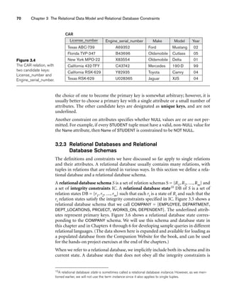 70 Chapter 3 The Relational Data Model and Relational Database Constraints
CAR
License_number Engine_serial_number Make Model Year
Texas ABC-739
Florida TVP-347
New York MPO-22
California 432-TFY
California RSK-629
Texas RSK-629
A69352
B43696
X83554
C43742
Y82935
U028365
Ford
Oldsmobile
Oldsmobile
Mercedes
Toyota
Jaguar
Mustang
Cutlass
Delta
190-D
Camry
XJS
02
05
01
99
04
04
Figure 3.4
The CAR relation, with
two candidate keys:
License_number and
Engine_serial_number.
the choice of one to become the primary key is somewhat arbitrary; however, it is
usually better to choose a primary key with a single attribute or a small number of
attributes. The other candidate keys are designated as unique keys, and are not
underlined.
Another constraint on attributes specifies whether NULL values are or are not per-
mitted. For example, if every STUDENT tuple must have a valid, non-NULL value for
the Name attribute, then Name of STUDENT is constrained to be NOT NULL.
3.2.3 Relational Databases and Relational
Database Schemas
The definitions and constraints we have discussed so far apply to single relations
and their attributes. A relational database usually contains many relations, with
tuples in relations that are related in various ways. In this section we define a rela-
tional database and a relational database schema.
A relational database schema S is a set of relation schemas S = {R1, R2, ..., Rm} and
a set of integrity constraints IC. A relational database state10 DB of S is a set of
relation states DB = {r1, r2, ..., rm} such that each ri is a state of Ri and such that the
ri relation states satisfy the integrity constraints specified in IC. Figure 3.5 shows a
relational database schema that we call COMPANY = {EMPLOYEE, DEPARTMENT,
DEPT_LOCATIONS, PROJECT, WORKS_ON, DEPENDENT}. The underlined attrib-
utes represent primary keys. Figure 3.6 shows a relational database state corres-
ponding to the COMPANY schema. We will use this schema and database state in
this chapter and in Chapters 4 through 6 for developing sample queries in different
relational languages. (The data shown here is expanded and available for loading as
a populated database from the Companion Website for the book, and can be used
for the hands-on project exercises at the end of the chapters.)
When we refer to a relational database, we implicitly include both its schema and its
current state. A database state that does not obey all the integrity constraints is
10A relational database state is sometimes called a relational database instance. However, as we men-
tioned earlier, we will not use the term instance since it also applies to single tuples.
 