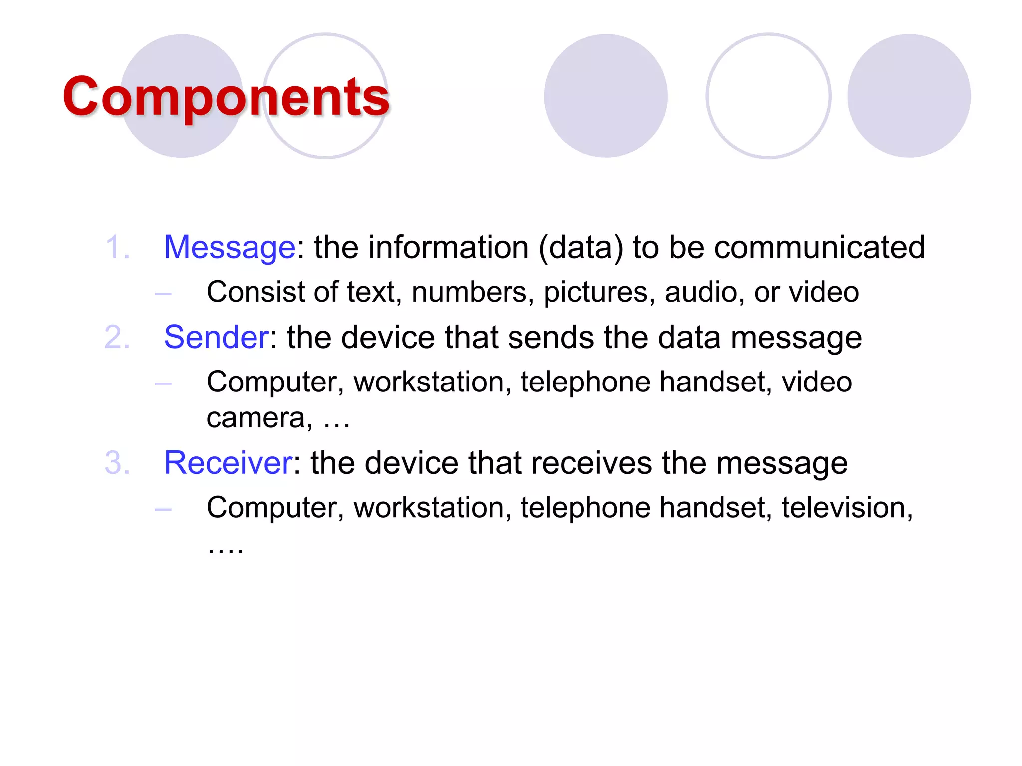 Components
1. Message: the information (data) to be communicated
– Consist of text, numbers, pictures, audio, or video
2. Sender: the device that sends the data message
– Computer, workstation, telephone handset, video
camera, …
3. Receiver: the device that receives the message
– Computer, workstation, telephone handset, television,
….
 