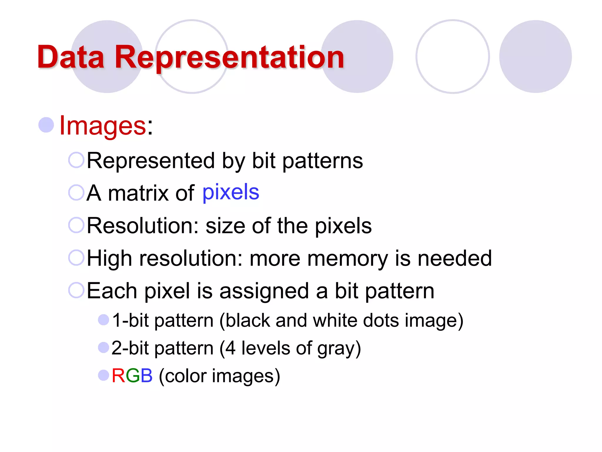 Data Representation
Images:
Represented by bit patterns
A matrix of
Resolution: size of the pixels
High resolution: more memory is needed
Each pixel is assigned a bit pattern
1-bit pattern (black and white dots image)
2-bit pattern (4 levels of gray)
RGB (color images)
pixels
 
