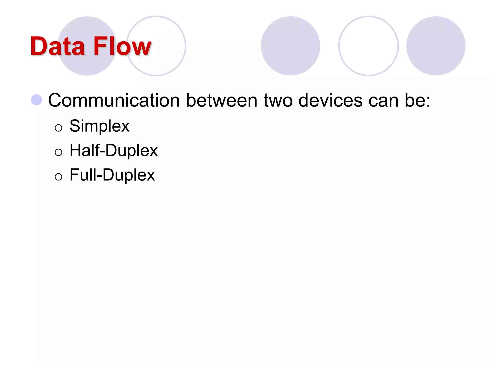 Data Flow
 Communication between two devices can be:
 Simplex
 Half-Duplex
 Full-Duplex
 