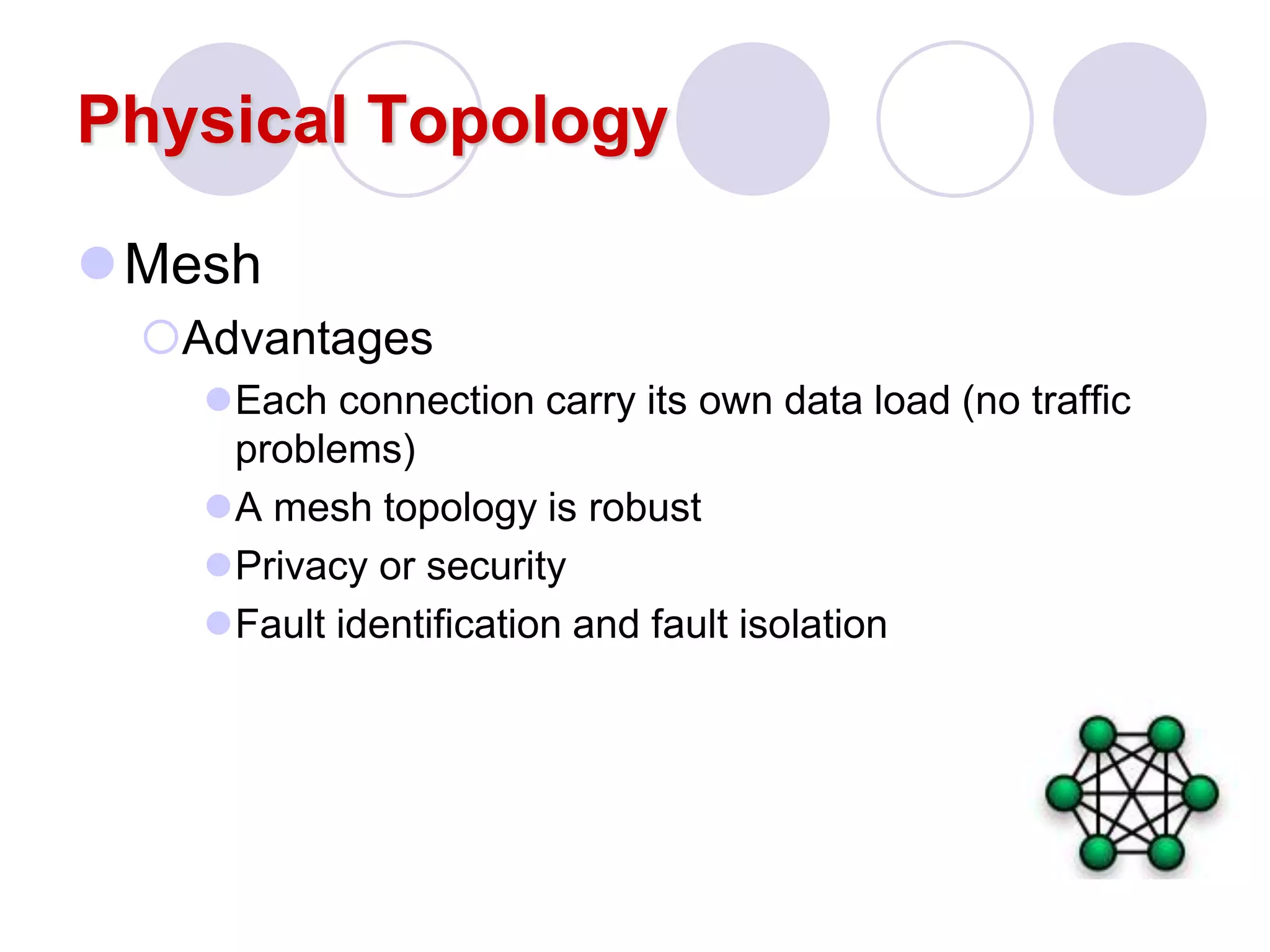 Physical Topology
Mesh
Advantages
Each connection carry its own data load (no traffic
problems)
A mesh topology is robust
Privacy or security
Fault identification and fault isolation
 