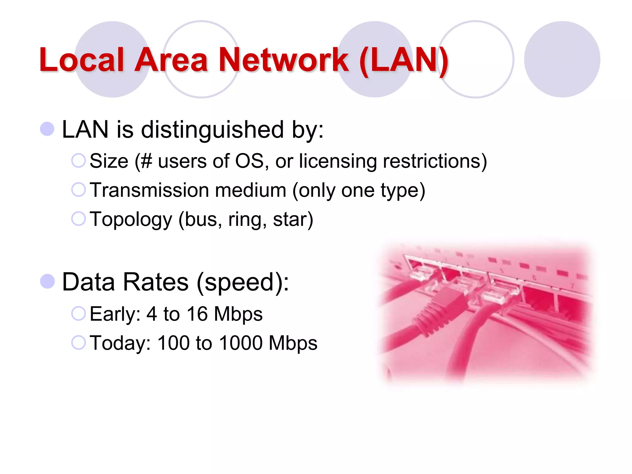 Local Area Network (LAN)
 LAN is distinguished by:
Size (# users of OS, or licensing restrictions)
Transmission medium (only one type)
Topology (bus, ring, star)
 Data Rates (speed):
Early: 4 to 16 Mbps
Today: 100 to 1000 Mbps
 