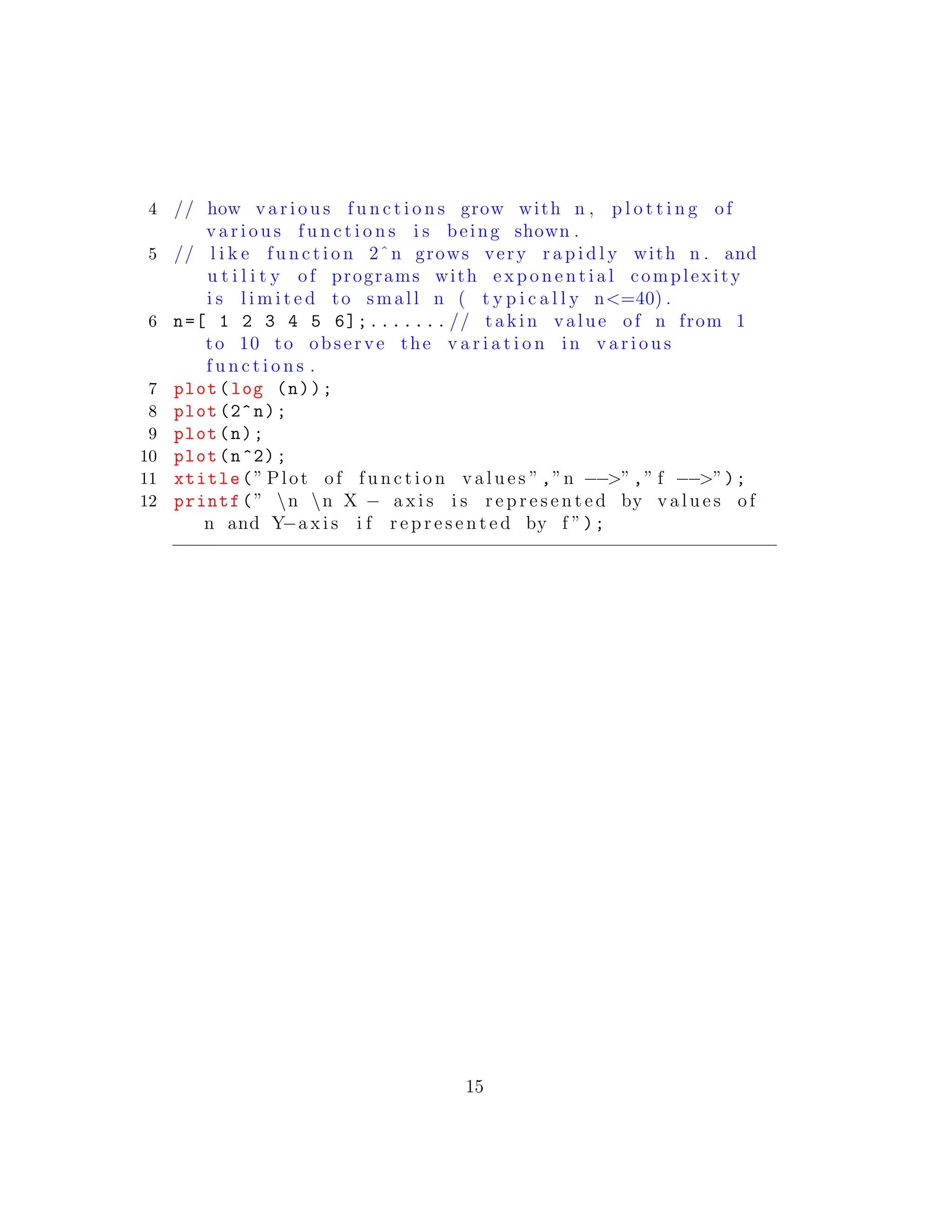 4 // how v a r i o u s f u n c t i o n s grow with n , p l o t t i n g of
v a r i o u s f u n c t i o n s i s being shown .
5 // l i k e f u n c t i o n 2ˆn grows very r a p i d l y with n . and
u t i l i t y of programs with e x p o n e n t i a l complexity
i s l i m i t e d to small n ( t y p i c a l l y n<=40) .
6 n=[ 1 2 3 4 5 6];....... // takin value of n from 1
to 10 to observe the v a r i a t i o n in v a r i o u s
f u n c t i o n s .
7 plot(log (n));
8 plot (2^n);
9 plot(n);
10 plot(n^2);
11 xtitle(” Plot of f u n c t i o n v a l u e s ”,”n −−>”,” f −−>”);
12 printf(” n n X − a x i s i s r e p r e s e n t e d by v a l u e s of
n and Y−a x i s i f r e p r e s e n t e d by f ”);
15
 